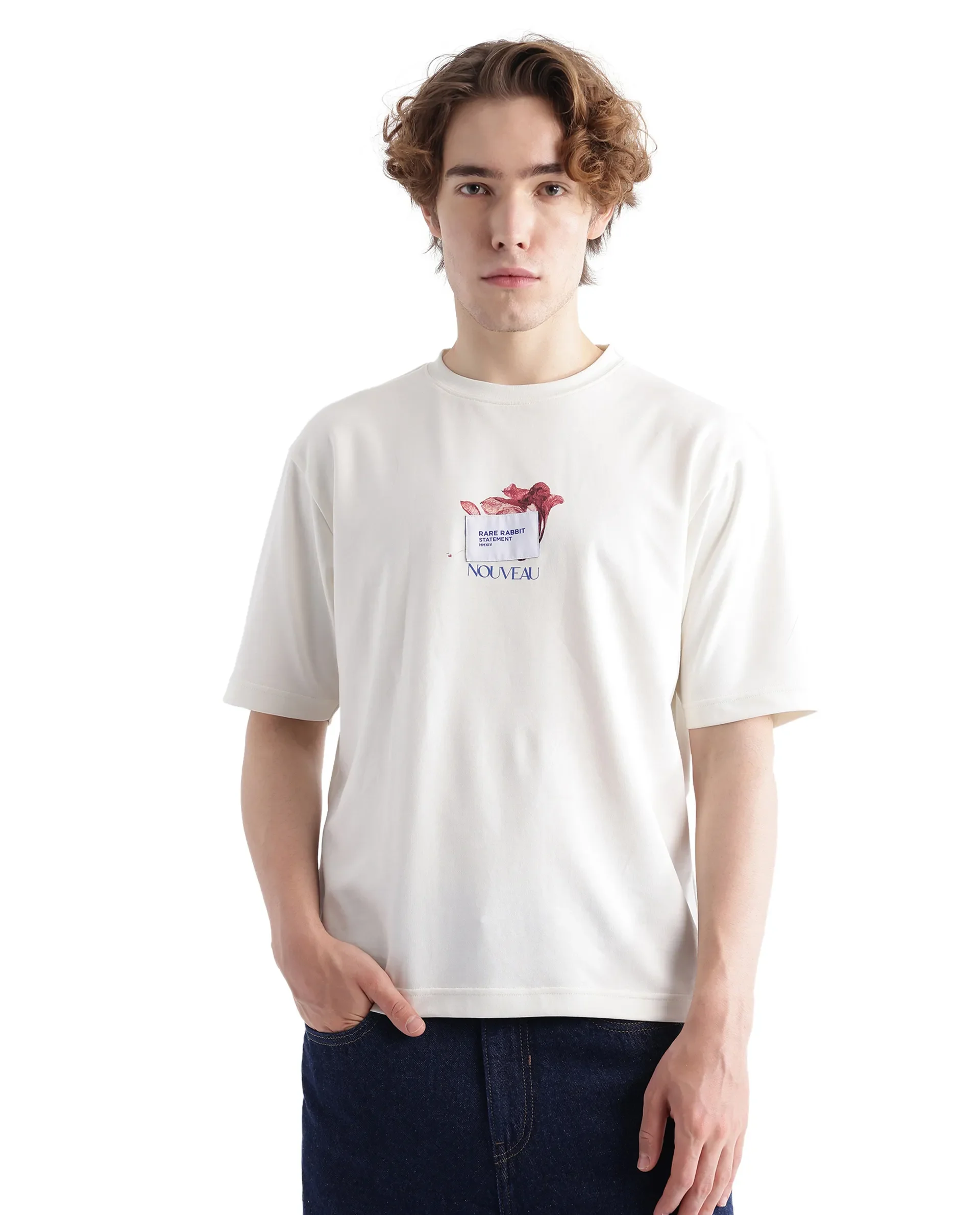 Rare Rabbit Men's Galen Off White Cotton Graphic Print Boxy Fit Half Sleeve Crew Neck T-Shirt - Image 5