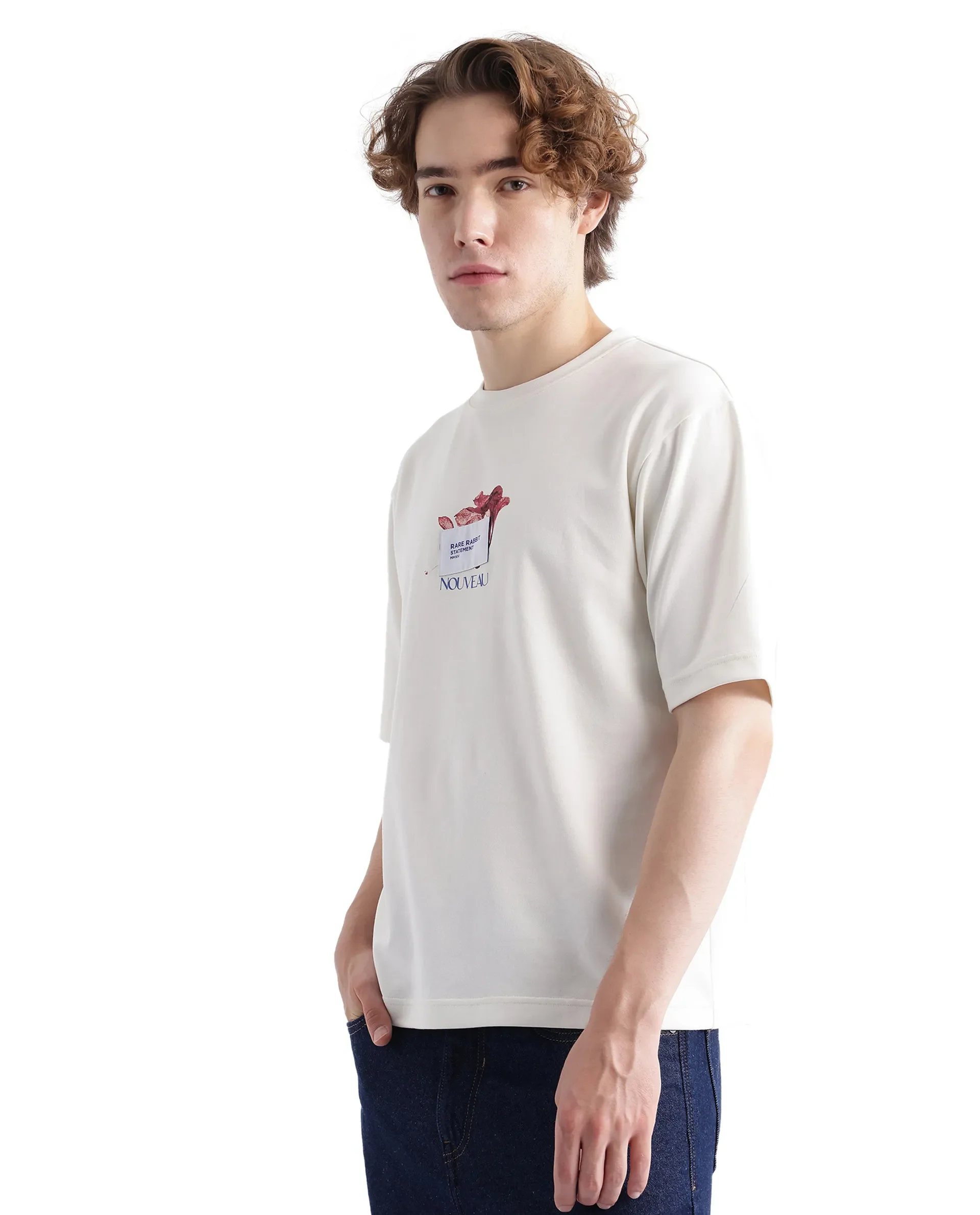 Rare Rabbit Men's Galen Off White Cotton Graphic Print Boxy Fit Half Sleeve Crew Neck T-Shirt - Image 8