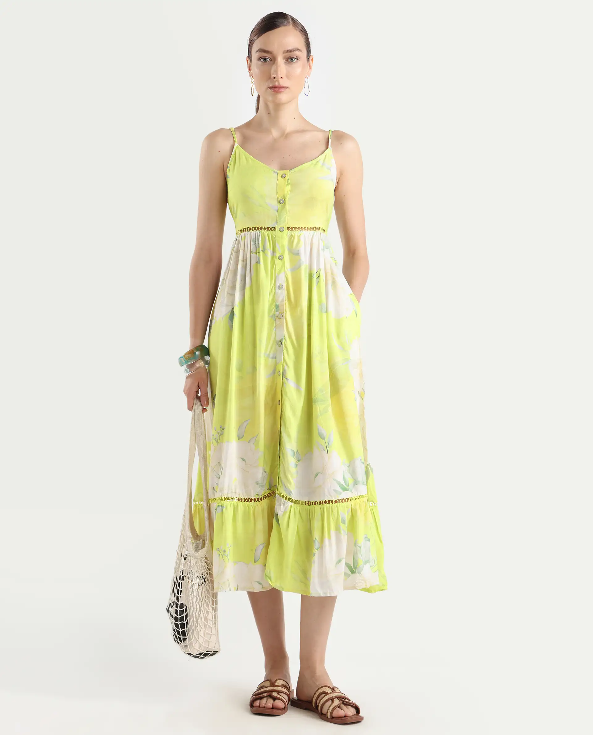 Rareism Women's Galina Flouroscent Green Viscose V-Neck Floral Print Shoulder Strap Maxi Fit And Flare Dress
