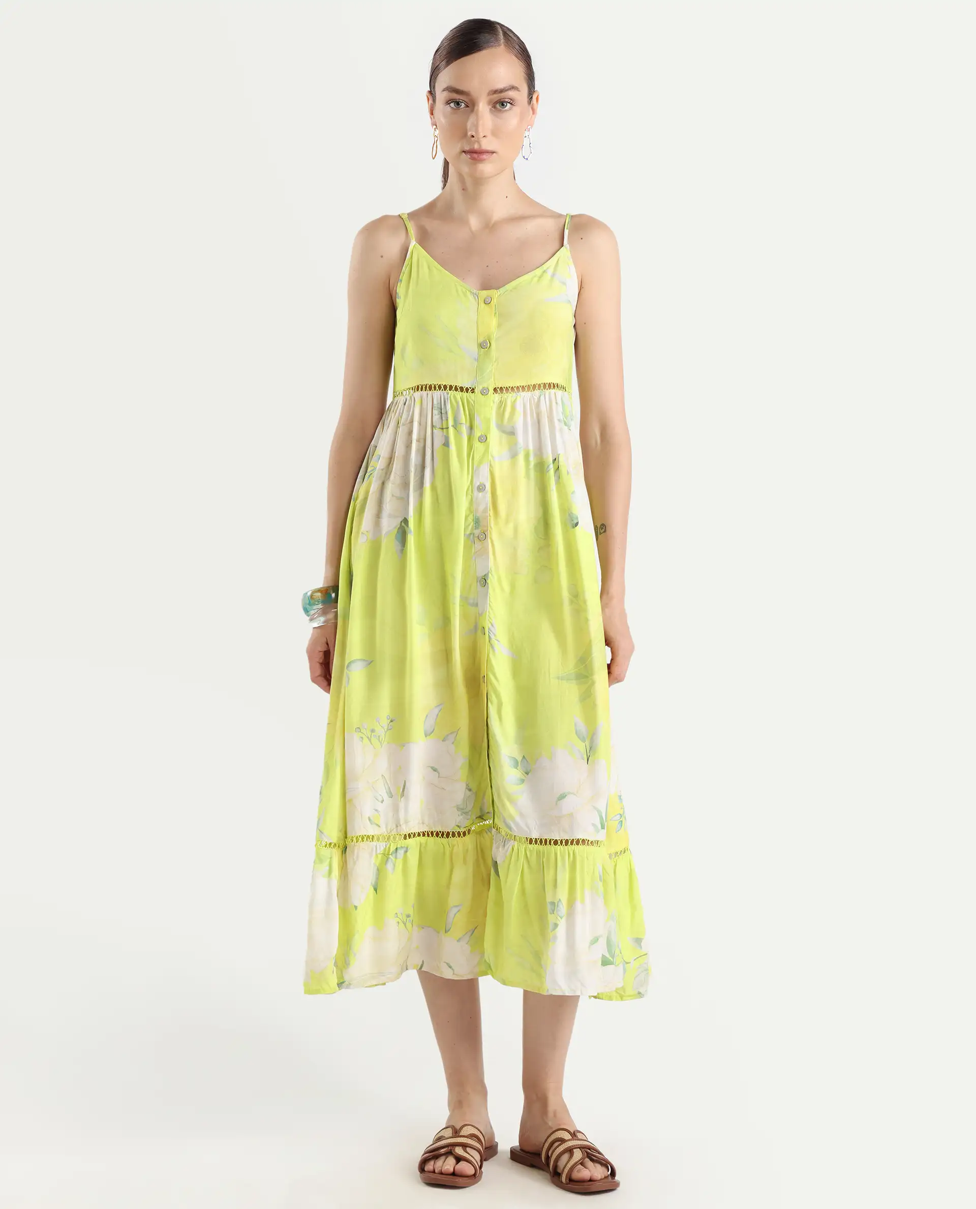 Rareism Women's Galina Flouroscent Green Viscose V-Neck Floral Print Shoulder Strap Maxi Fit And Flare Dress - Image 2