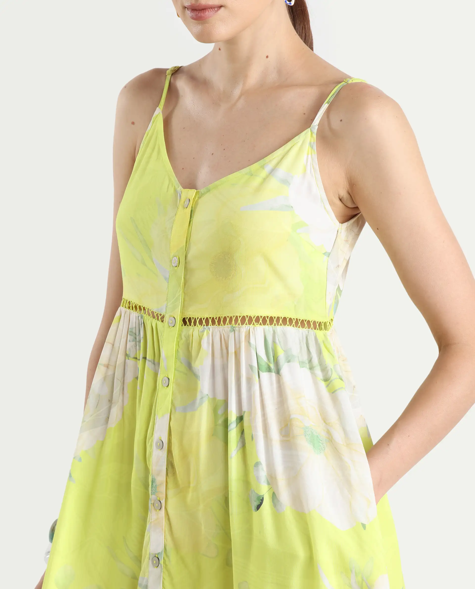 Rareism Women's Galina Flouroscent Green Viscose V-Neck Floral Print Shoulder Strap Maxi Fit And Flare Dress - Image 3