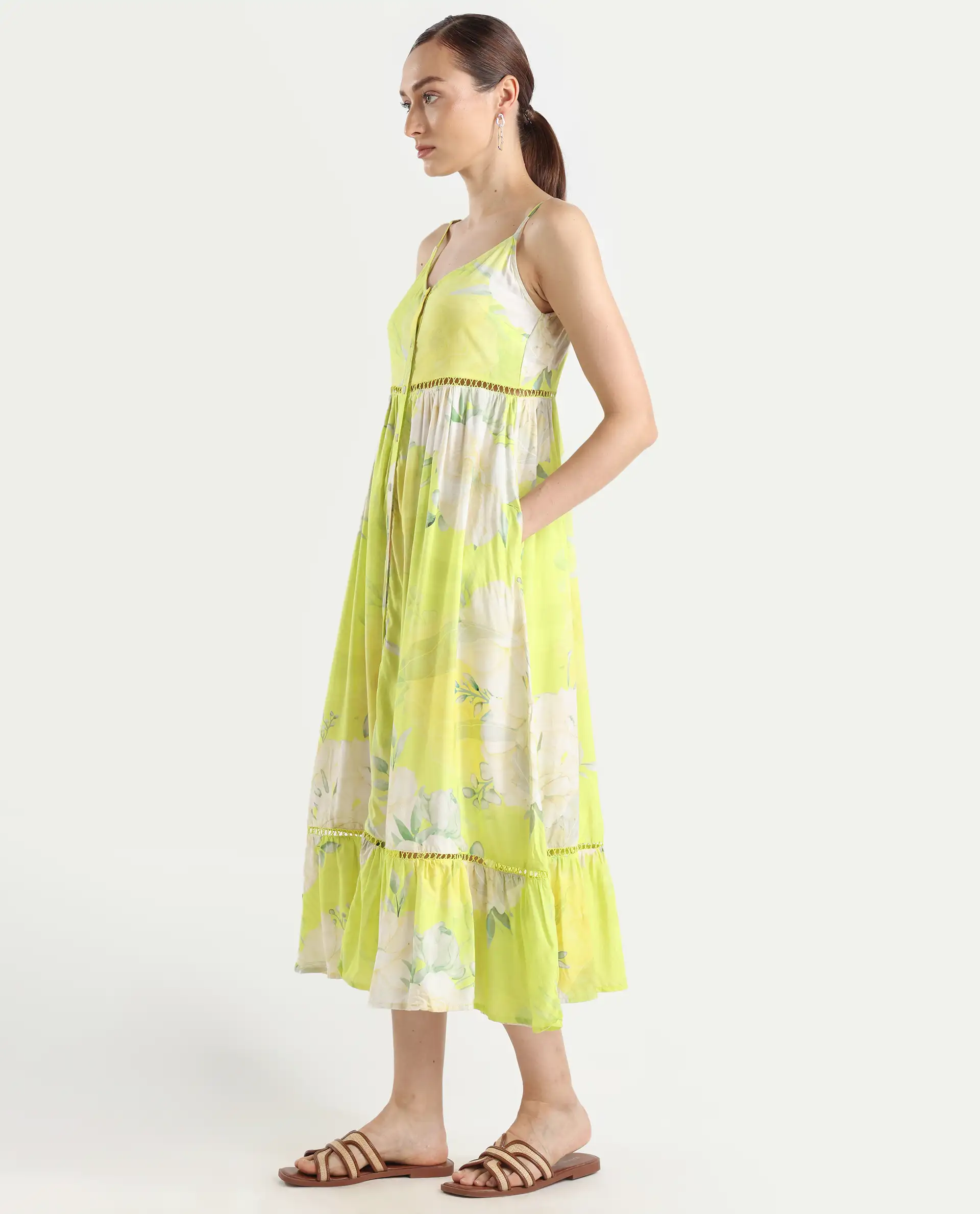 Rareism Women's Galina Flouroscent Green Viscose V-Neck Floral Print Shoulder Strap Maxi Fit And Flare Dress - Image 4