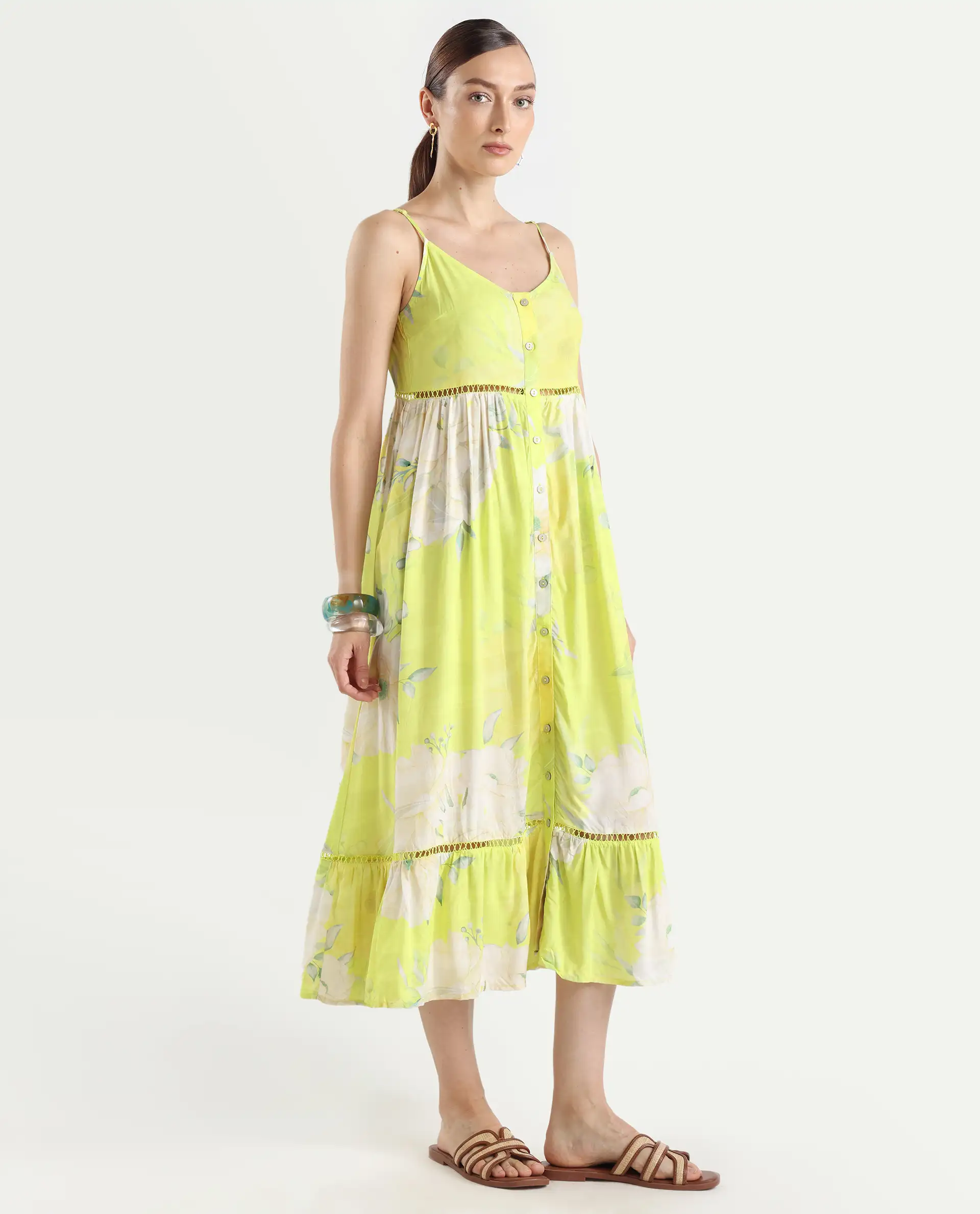 Rareism Women's Galina Flouroscent Green Viscose V-Neck Floral Print Shoulder Strap Maxi Fit And Flare Dress - Image 5