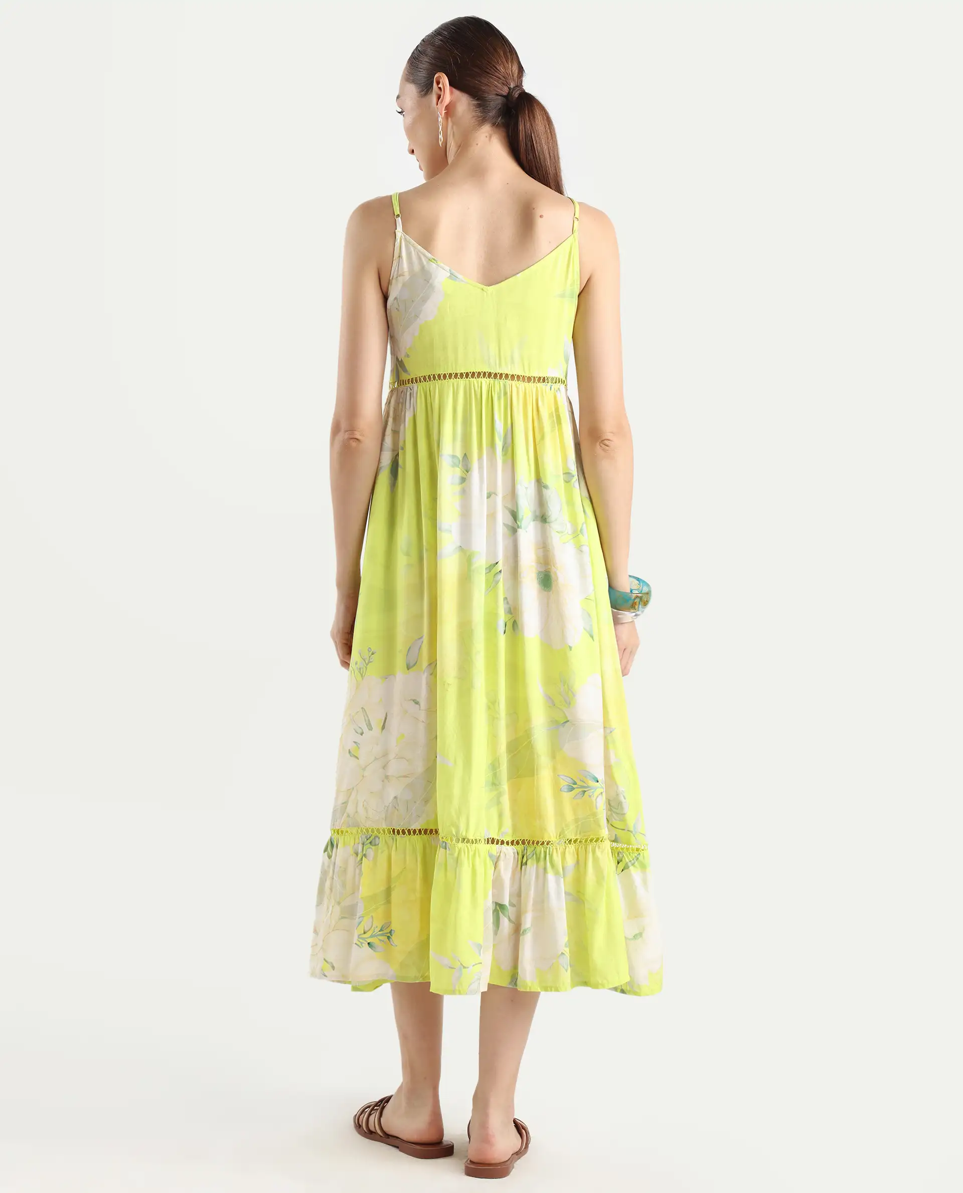 Rareism Women's Galina Flouroscent Green Viscose V-Neck Floral Print Shoulder Strap Maxi Fit And Flare Dress - Image 6