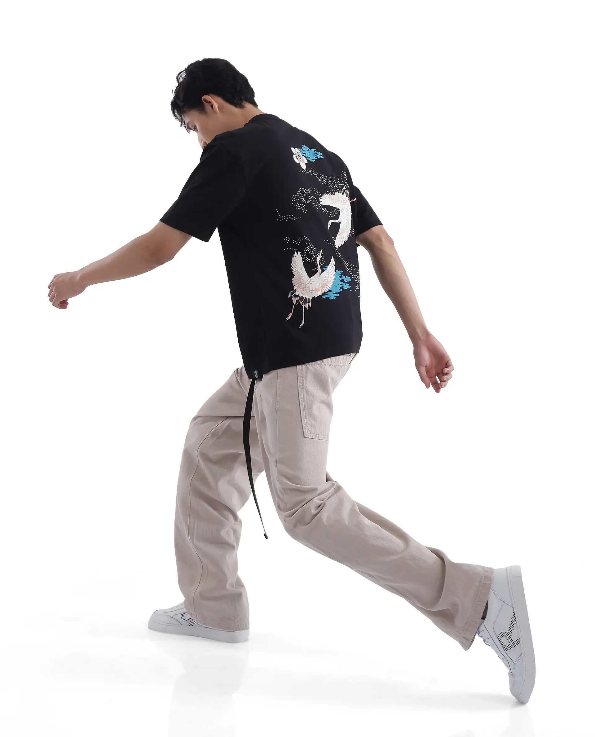 Rare Rabbit Men's Galle Black Cotton Graphic Print Oversized Fit Half Sleeve Crew Neck T-Shirt - Image 11