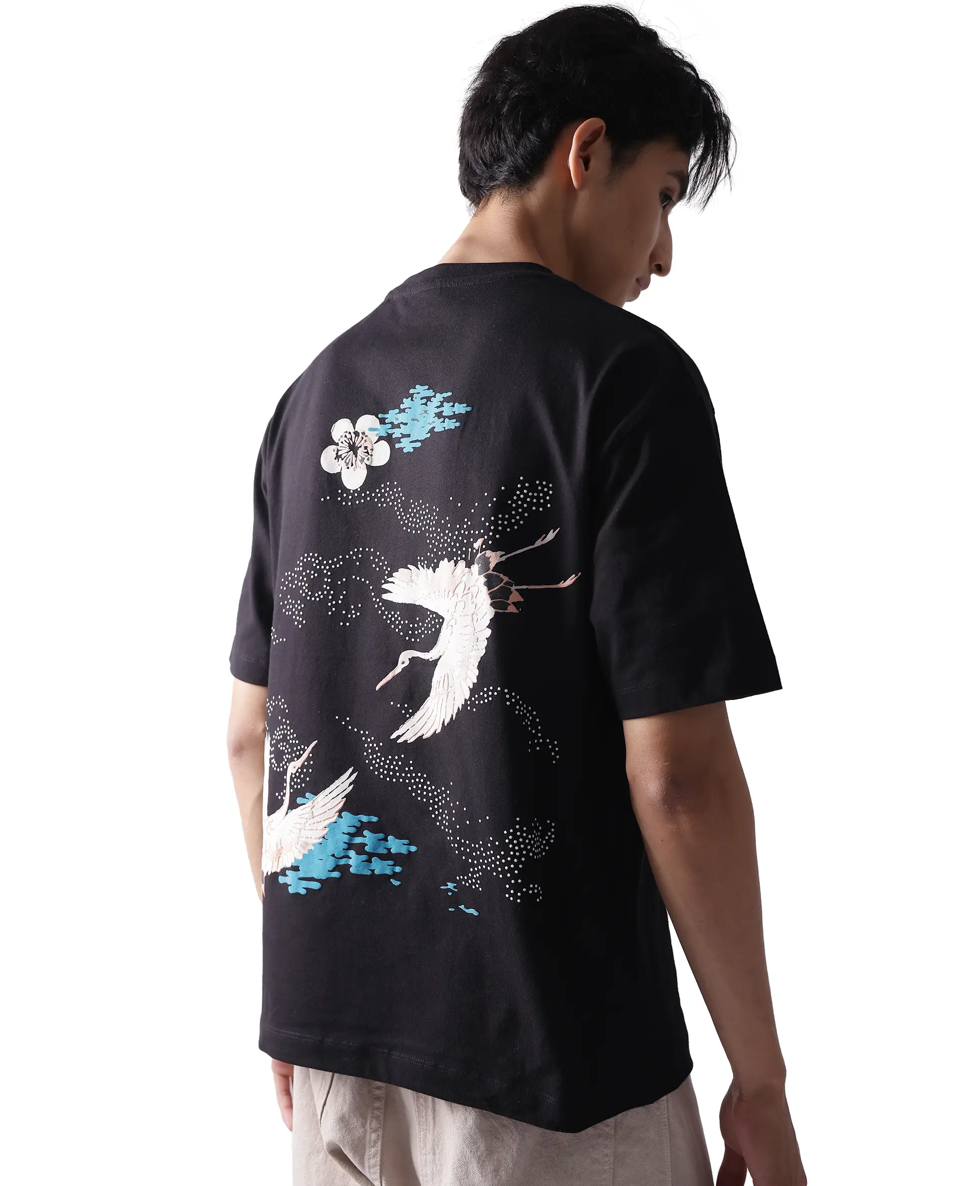 Rare Rabbit Men's Galle Black Cotton Graphic Print Oversized Fit Half Sleeve Crew Neck T-Shirt - Image 4