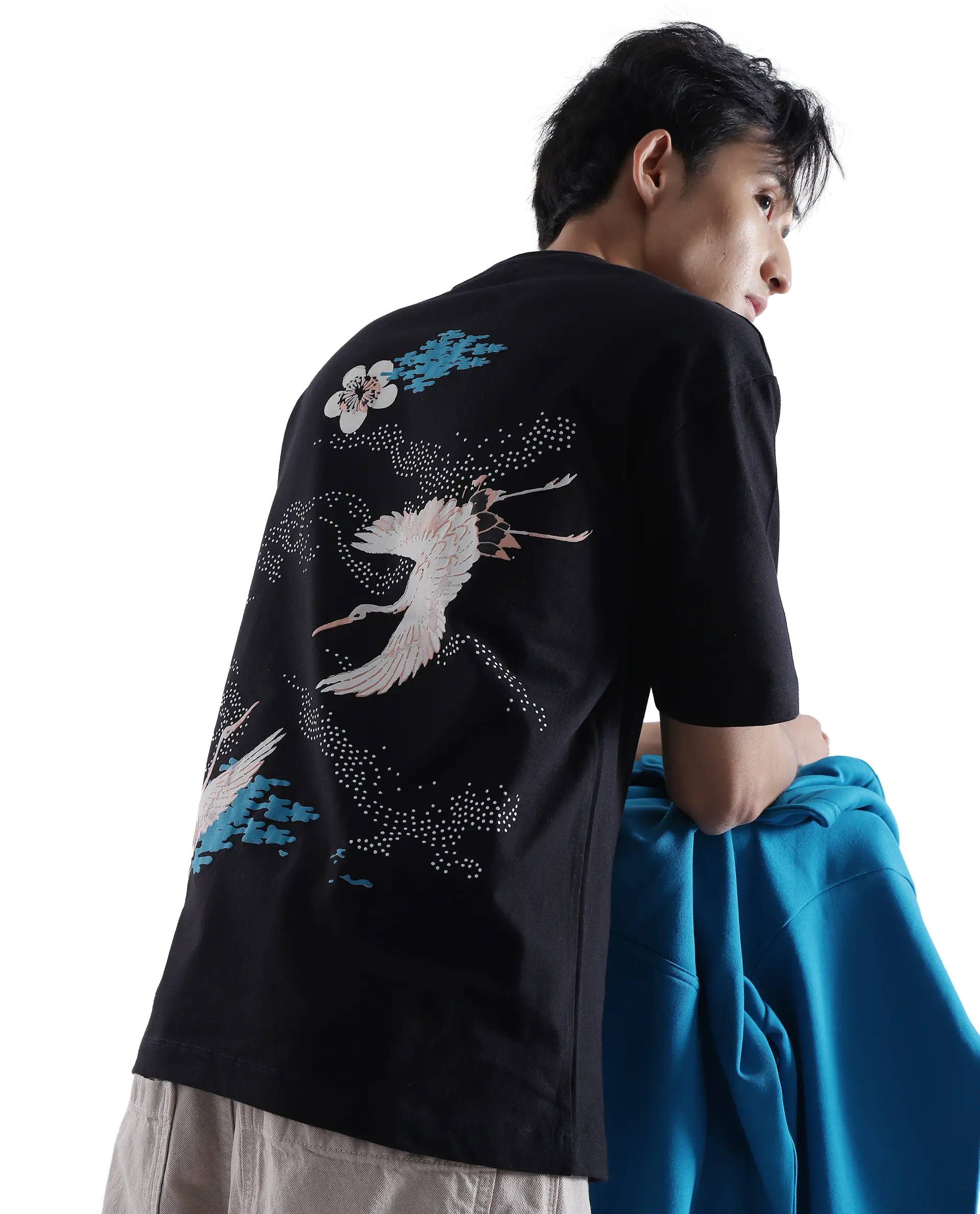 Rare Rabbit Men's Galle Black Cotton Graphic Print Oversized Fit Half Sleeve Crew Neck T-Shirt - Image 8