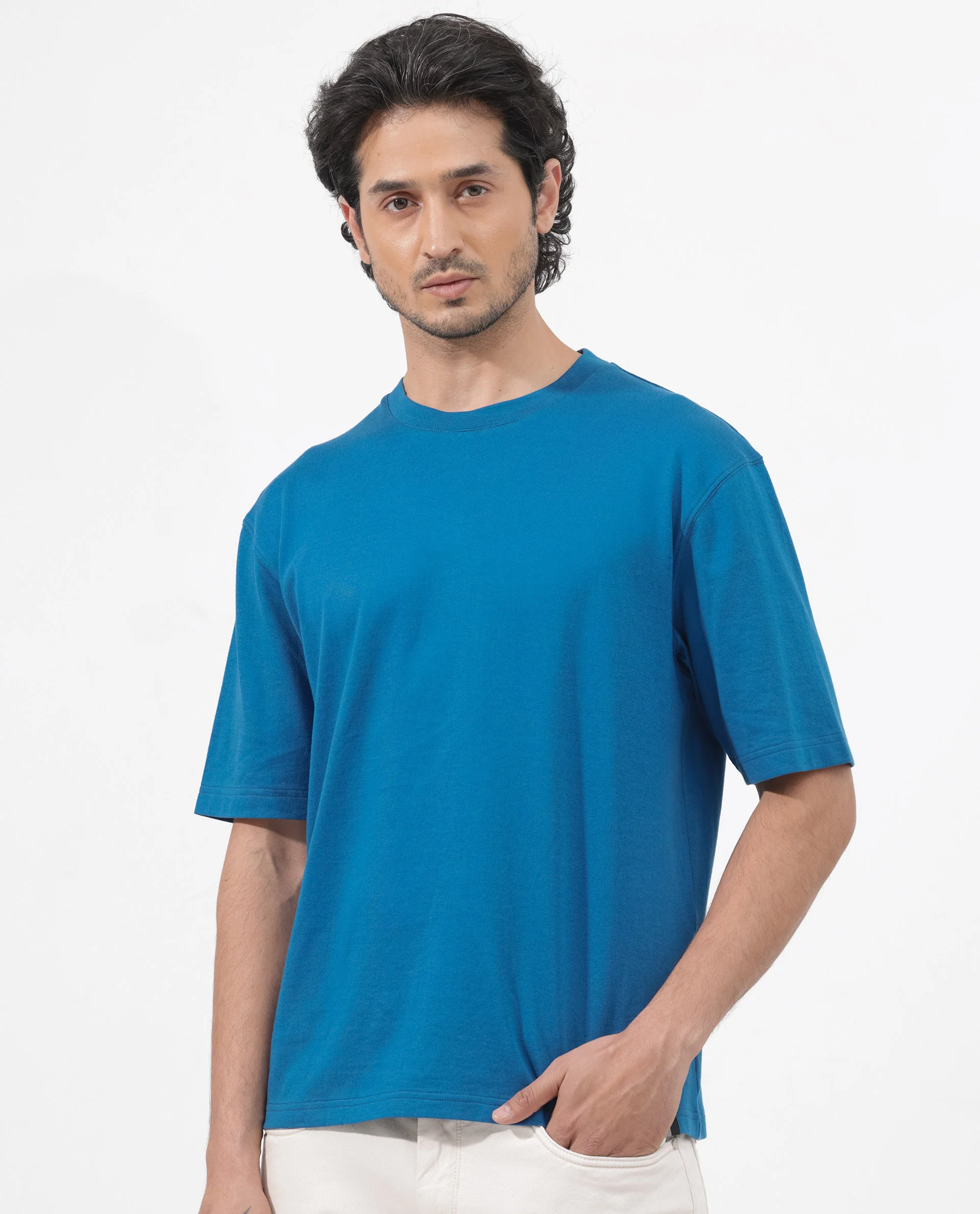Rare Rabbit Men's Gallos Blue Cotton Plain Oversized Fit Half Sleeve Crew Neck T-Shirt - Image 3