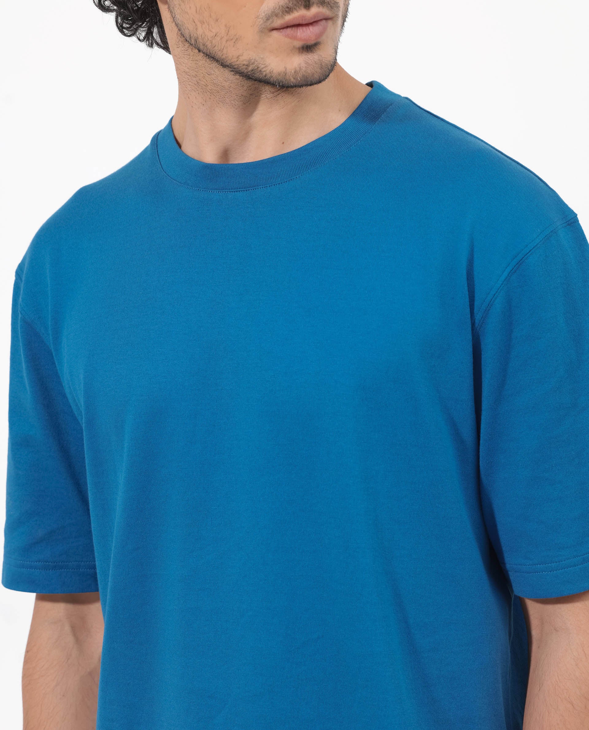 Rare Rabbit Men's Gallos Blue Cotton Plain Oversized Fit Half Sleeve Crew Neck T-Shirt - Image 4