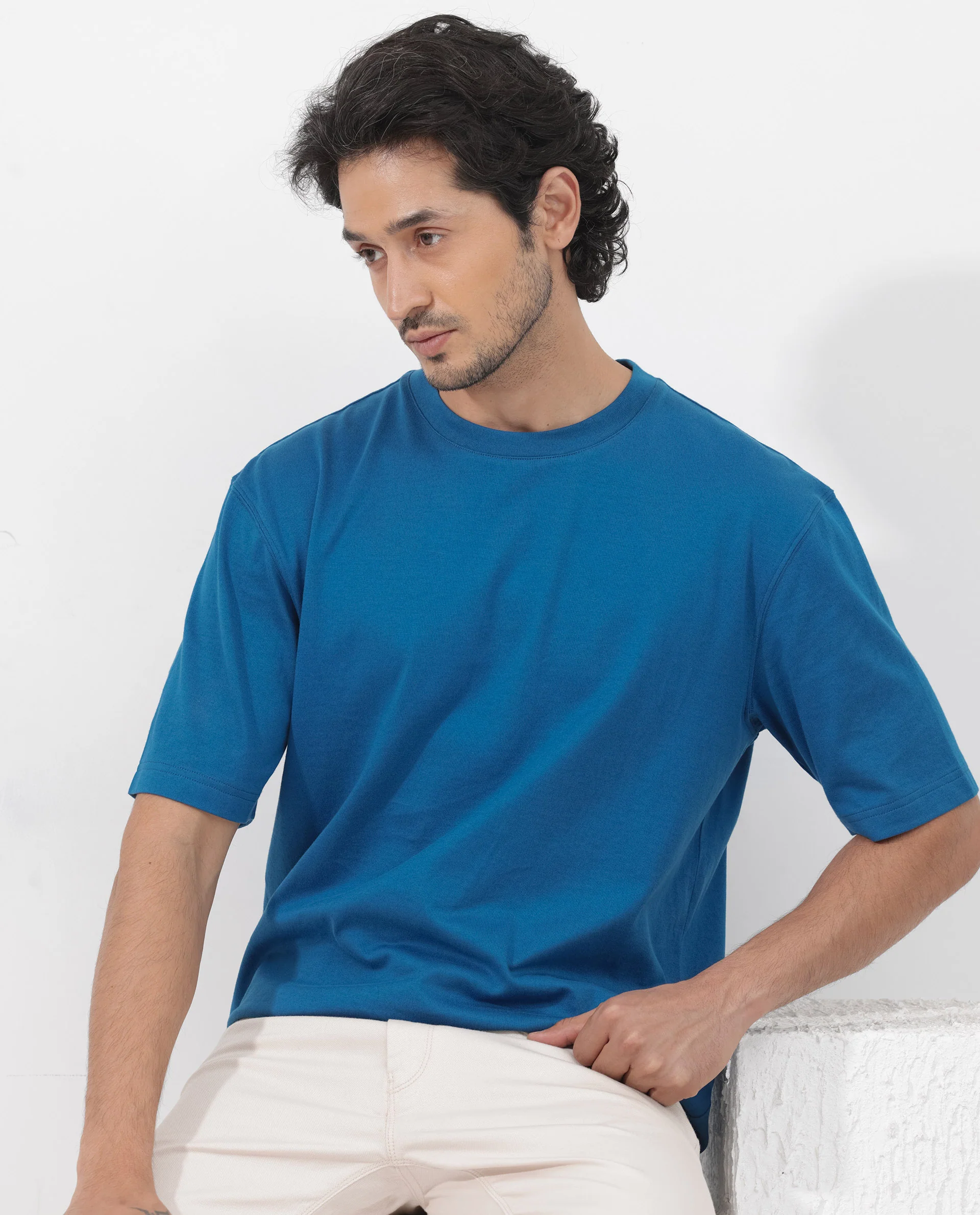 Rare Rabbit Men's Gallos Blue Cotton Plain Oversized Fit Half Sleeve Crew Neck T-Shirt - Image 6