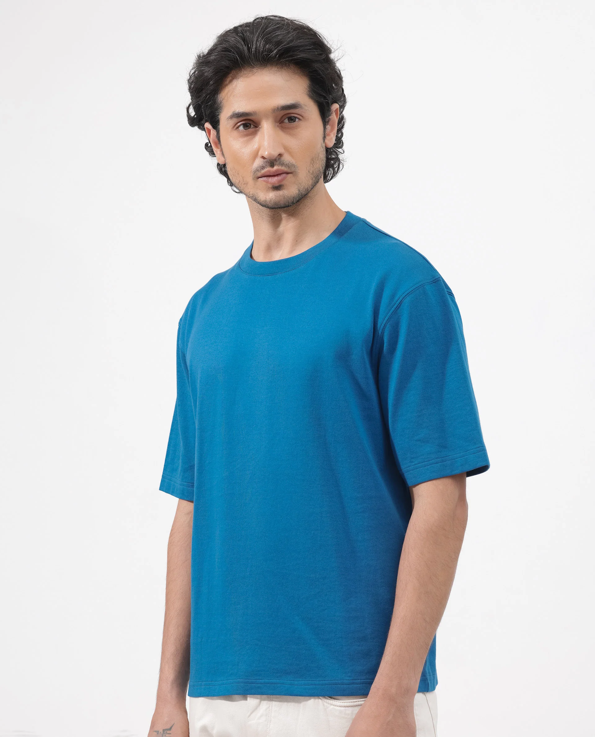 Rare Rabbit Men's Gallos Blue Cotton Plain Oversized Fit Half Sleeve Crew Neck T-Shirt - Image 7