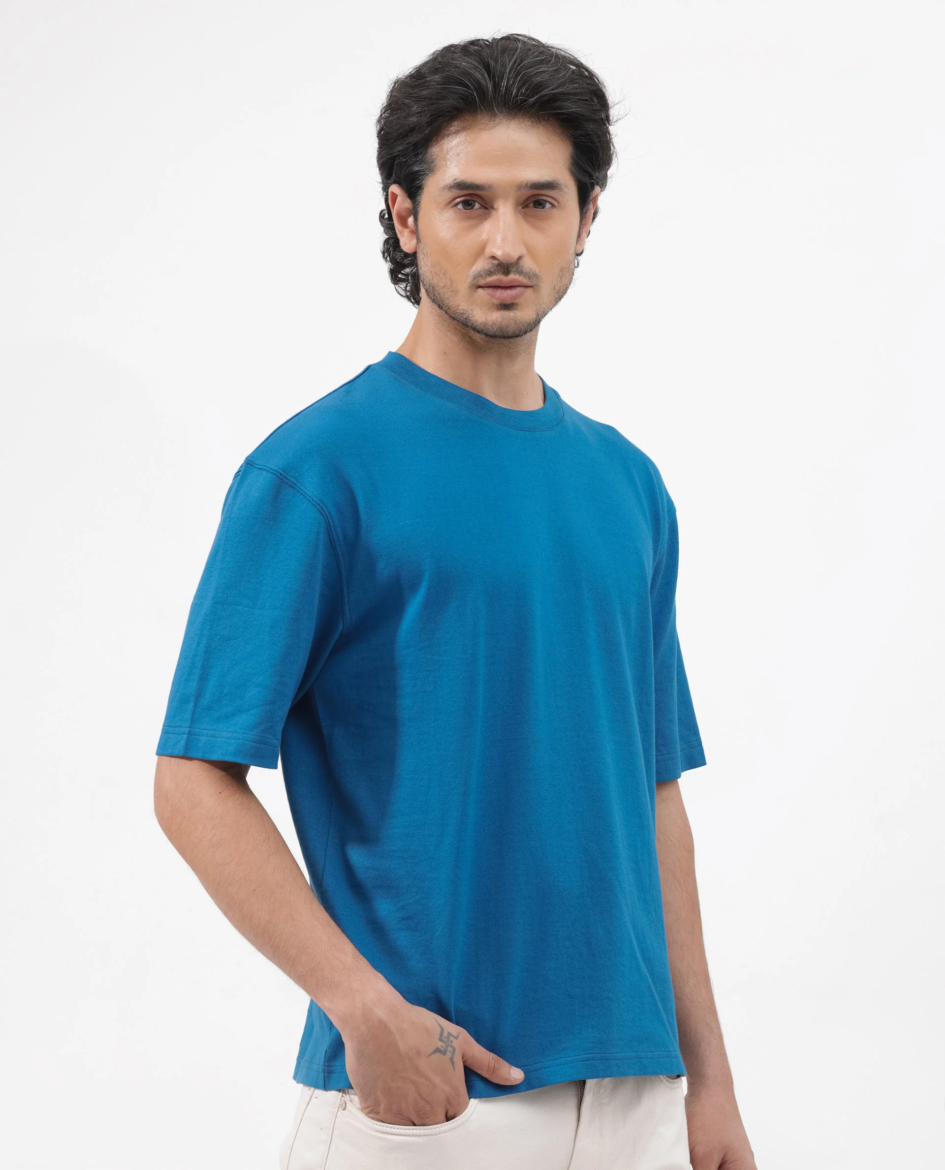 Rare Rabbit Men's Gallos Blue Cotton Plain Oversized Fit Half Sleeve Crew Neck T-Shirt - Image 8