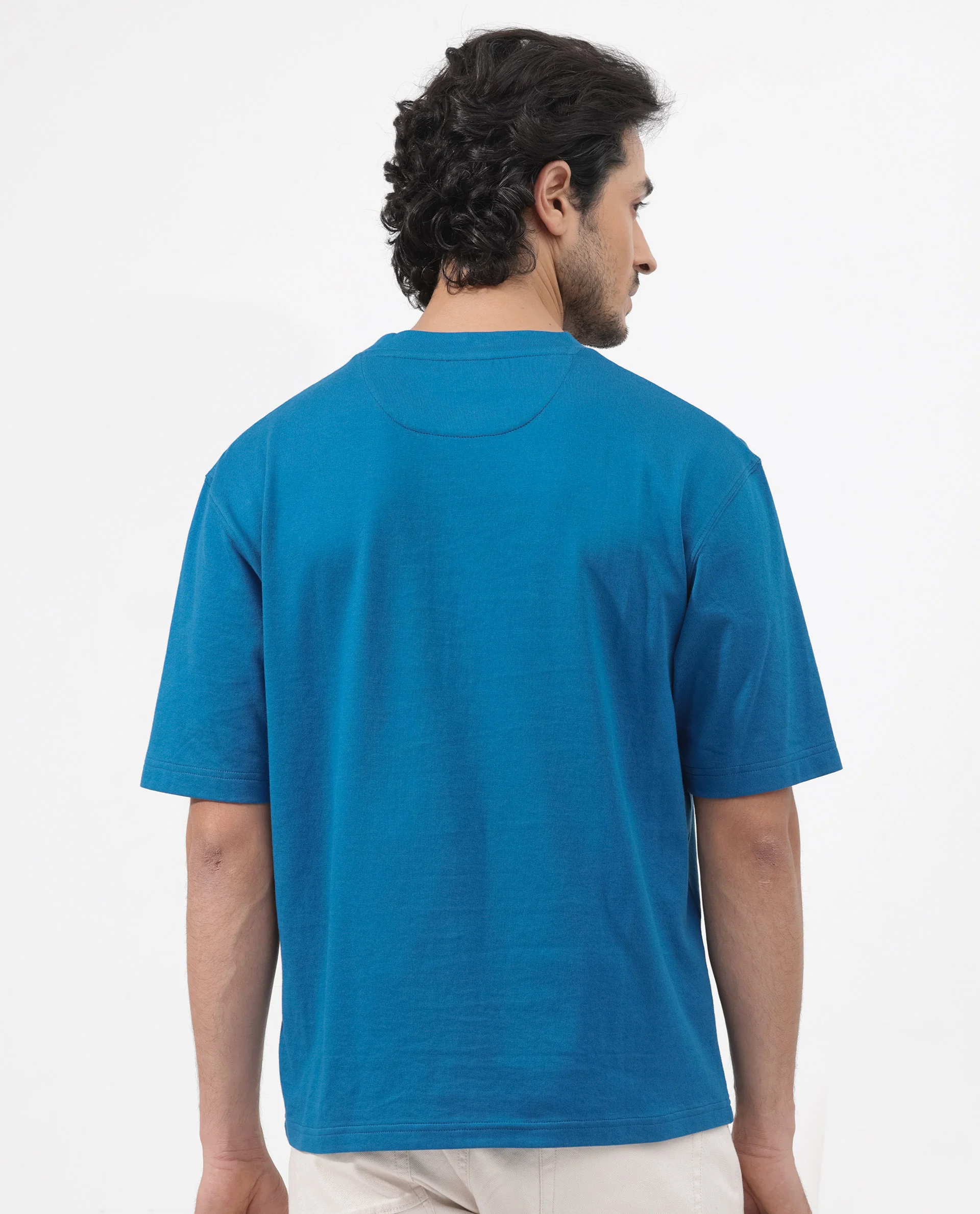 Rare Rabbit Men's Gallos Blue Cotton Plain Oversized Fit Half Sleeve Crew Neck T-Shirt - Image 9
