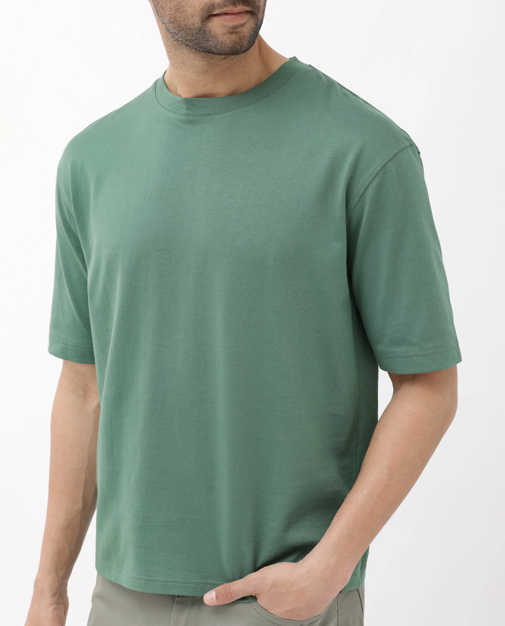 Rare Rabbit Men's Gallos Green Cotton Plain Oversized Fit Half Sleeve Crew Neck T-Shirt - Image 4
