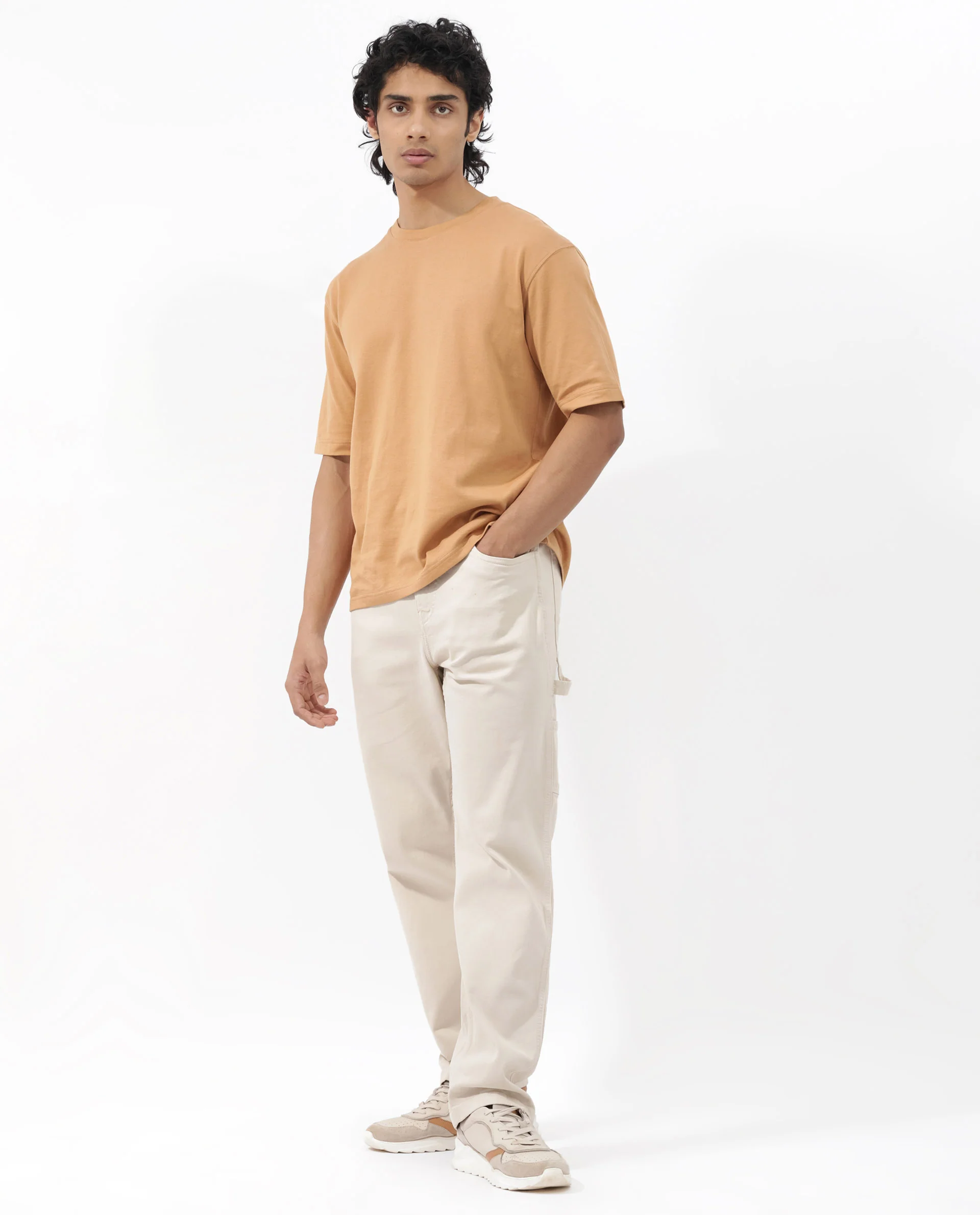 Rare Rabbit Men's Gallos Mustard Cotton Plain Oversized Fit Half Sleeve Crew Neck T-Shirt - Image 2