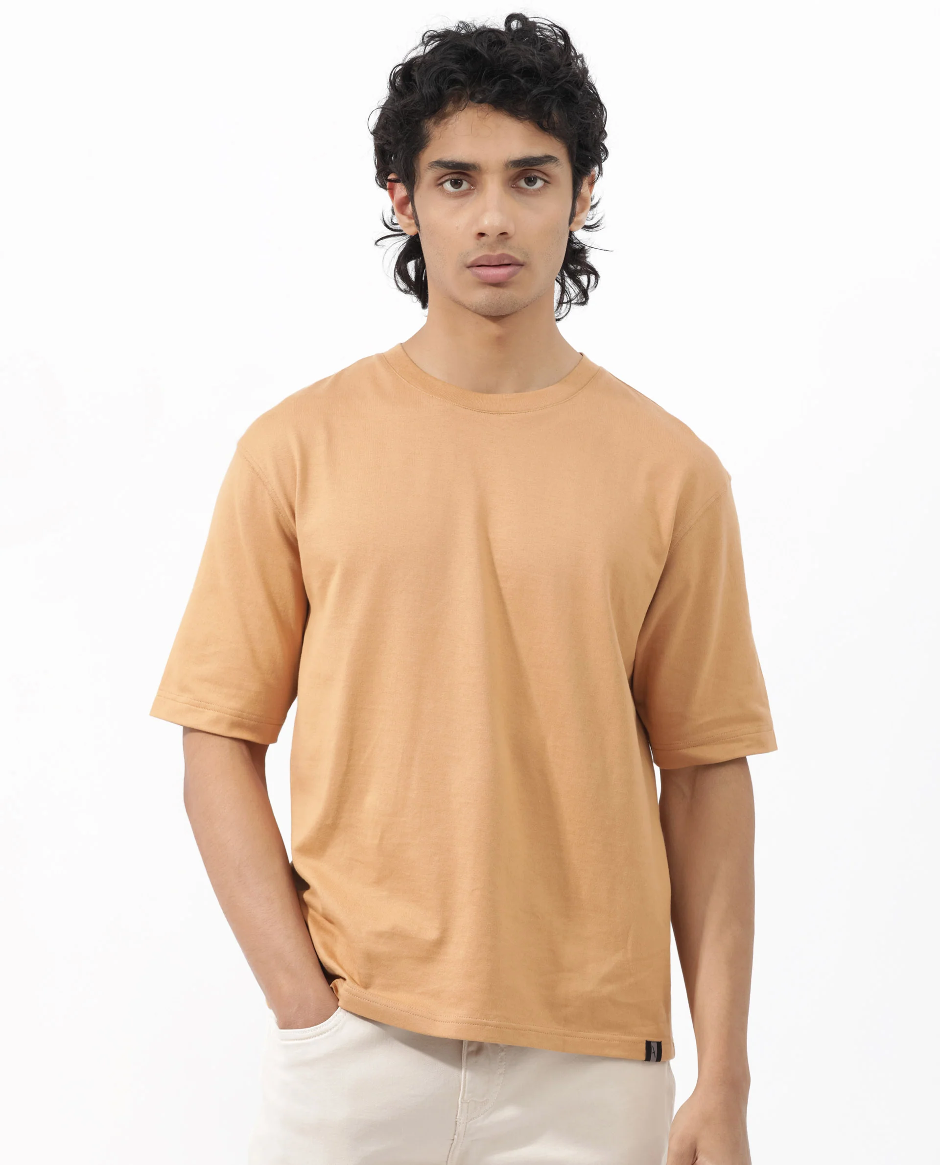 Rare Rabbit Men's Gallos Mustard Cotton Plain Oversized Fit Half Sleeve Crew Neck T-Shirt - Image 3