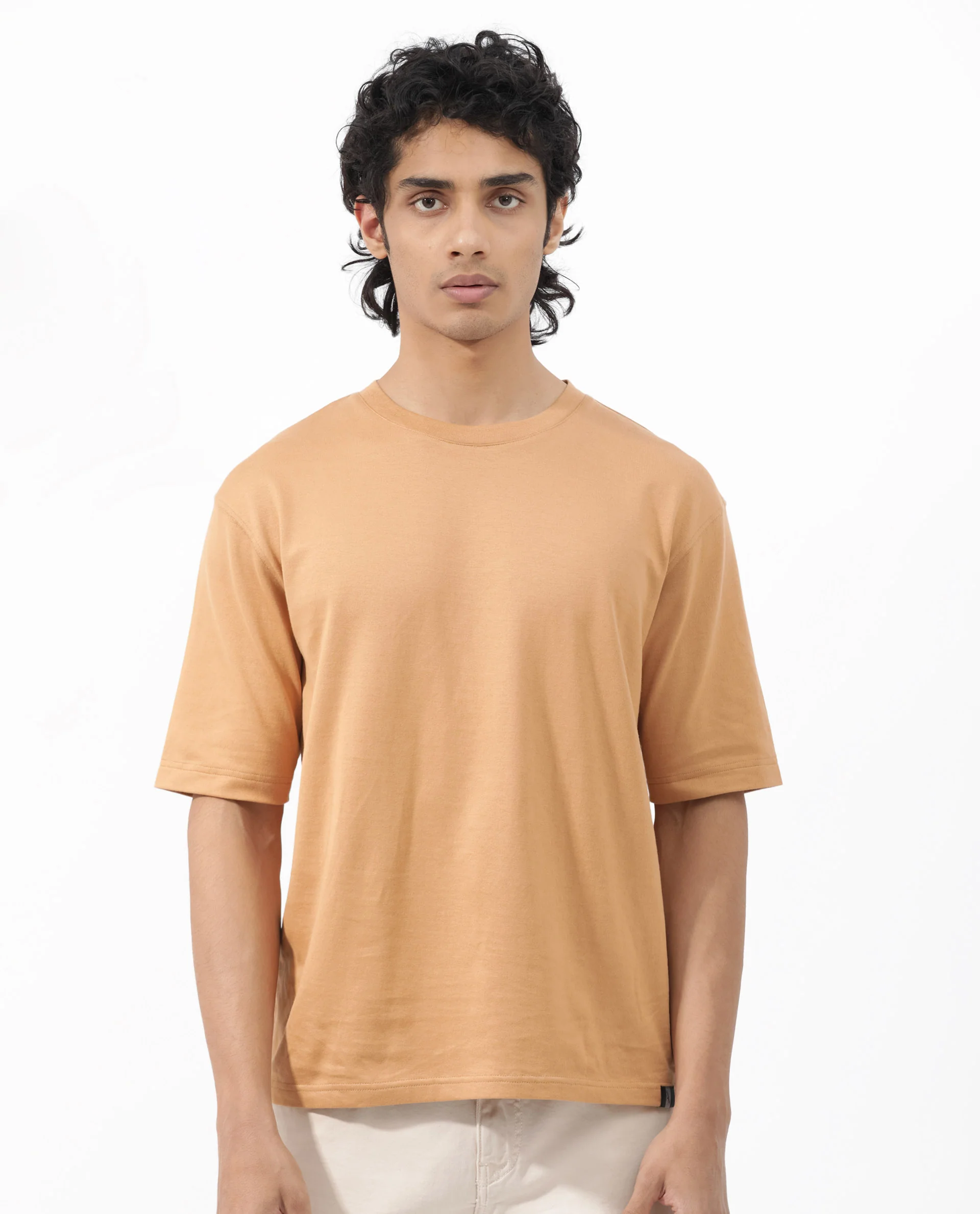 Rare Rabbit Men's Gallos Mustard Cotton Plain Oversized Fit Half Sleeve Crew Neck T-Shirt - Image 5