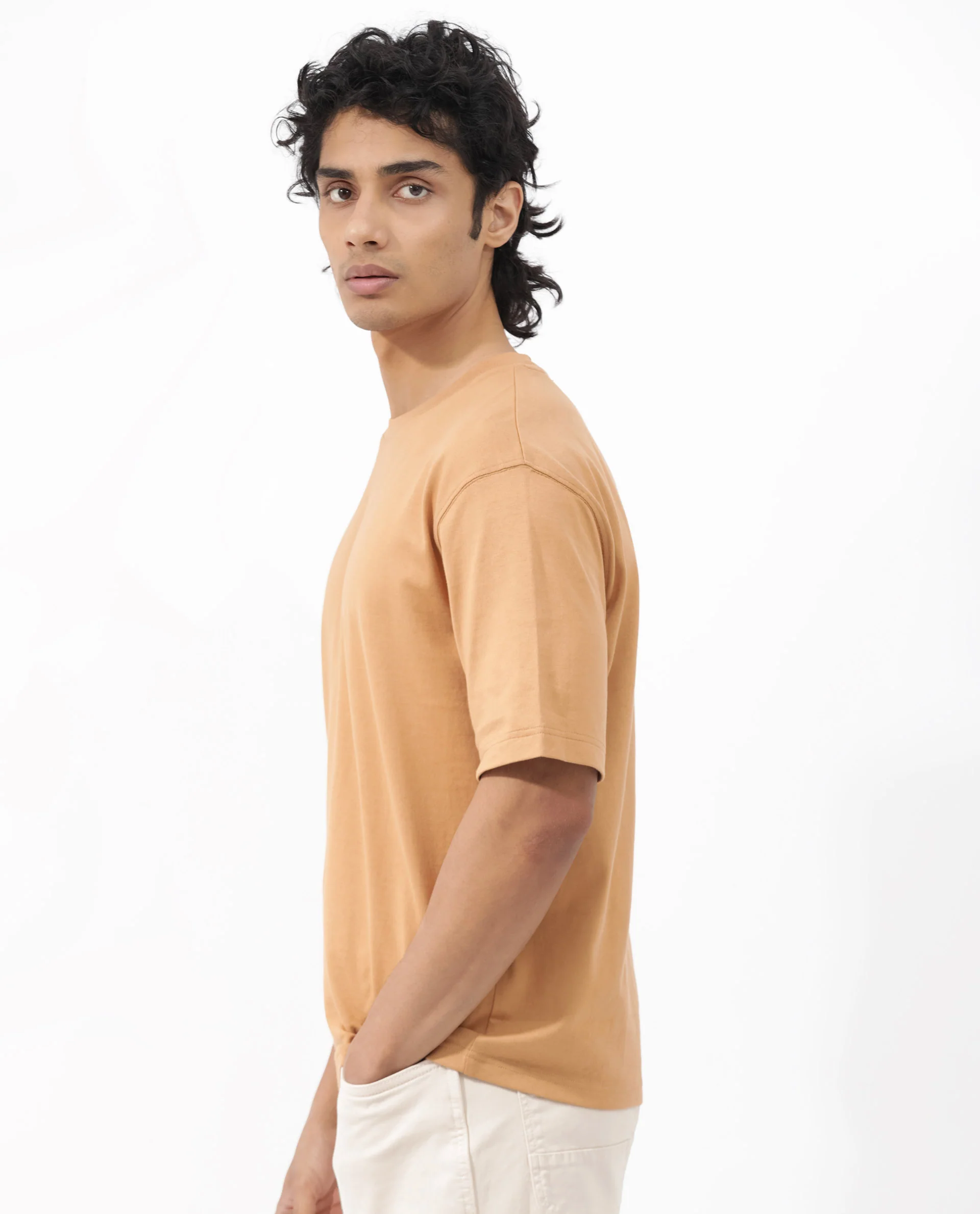Rare Rabbit Men's Gallos Mustard Cotton Plain Oversized Fit Half Sleeve Crew Neck T-Shirt - Image 7