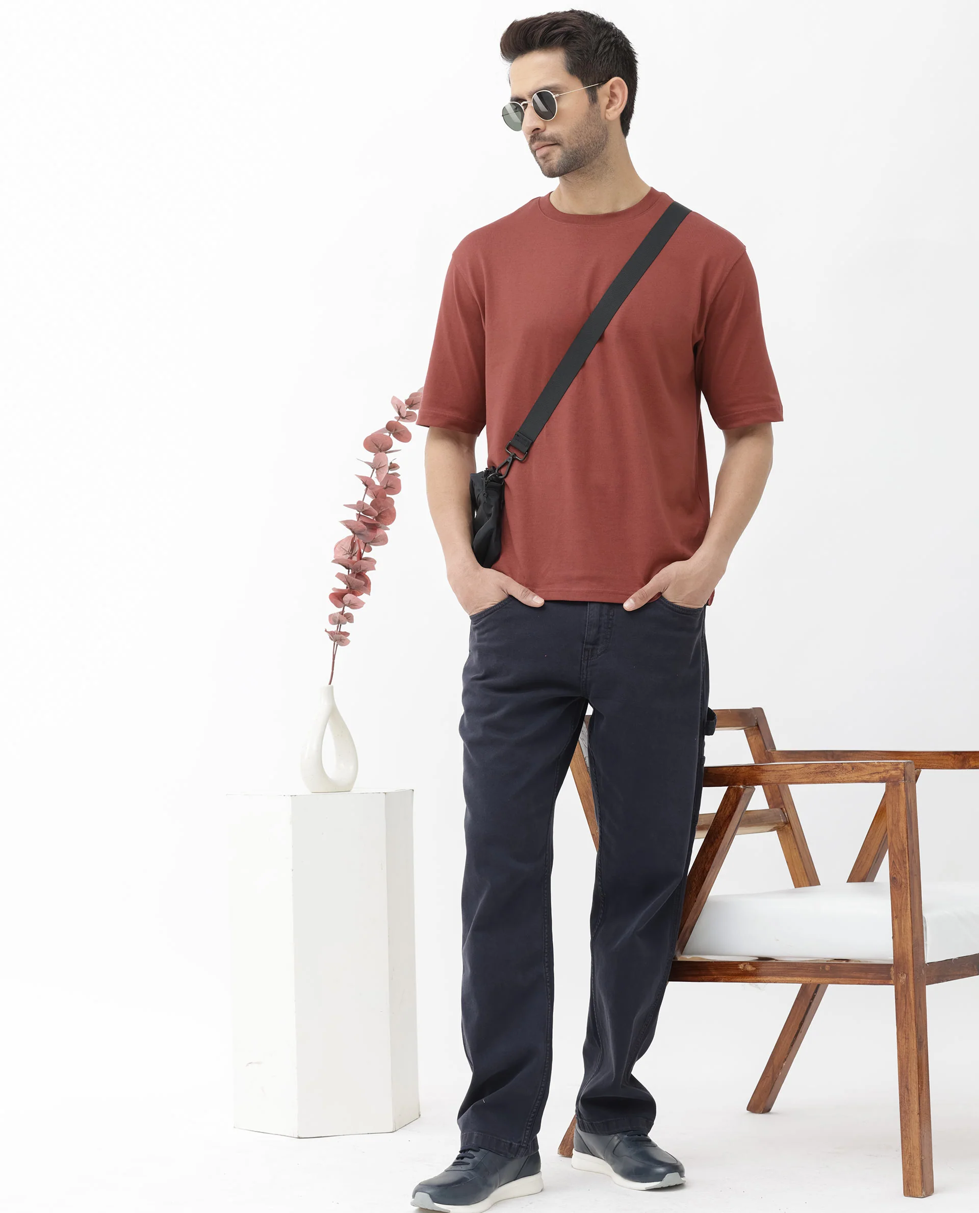 Rare Rabbit Men's Gallos Rust Cotton Plain Oversized Fit Half Sleeve Crew Neck T-Shirt - Image 2