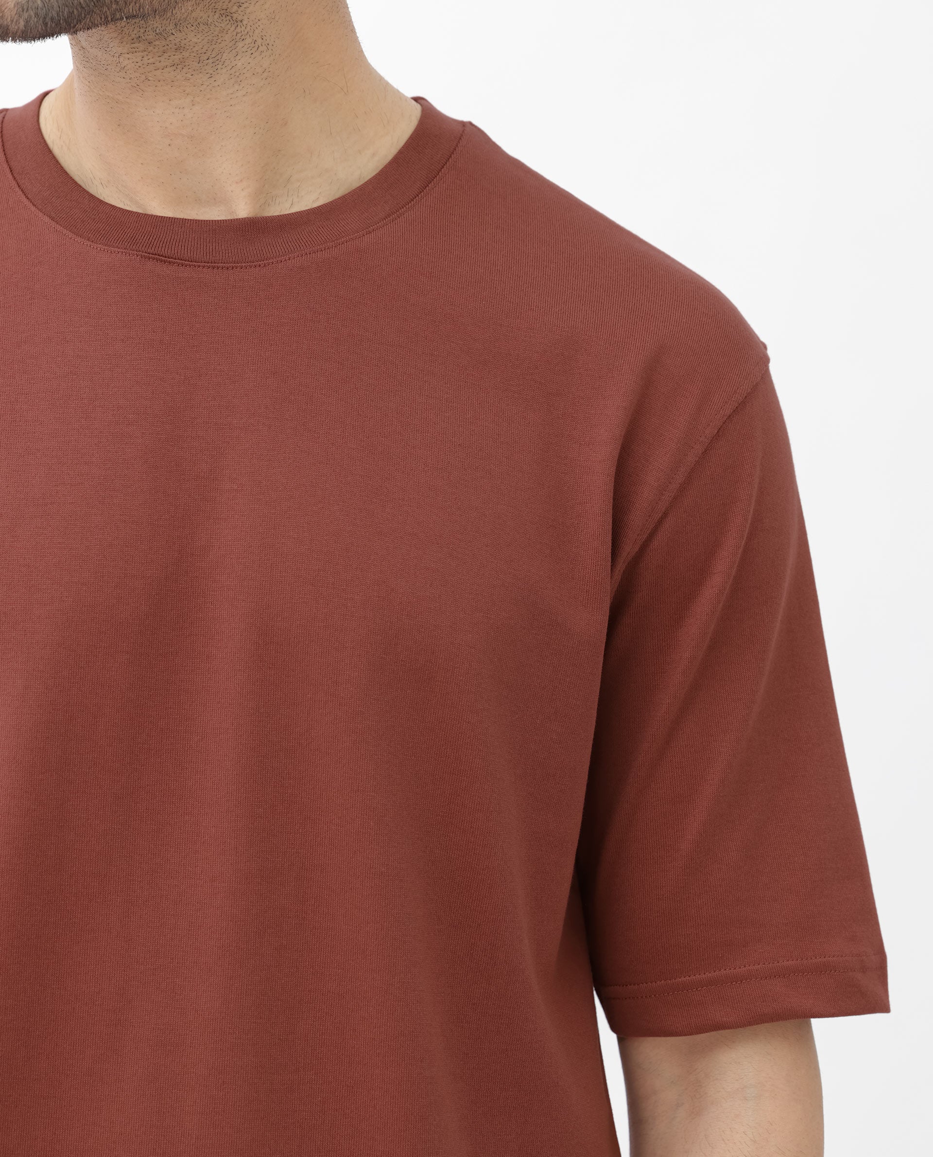 Rare Rabbit Men's Gallos Rust Cotton Plain Oversized Fit Half Sleeve Crew Neck T-Shirt - Image 5