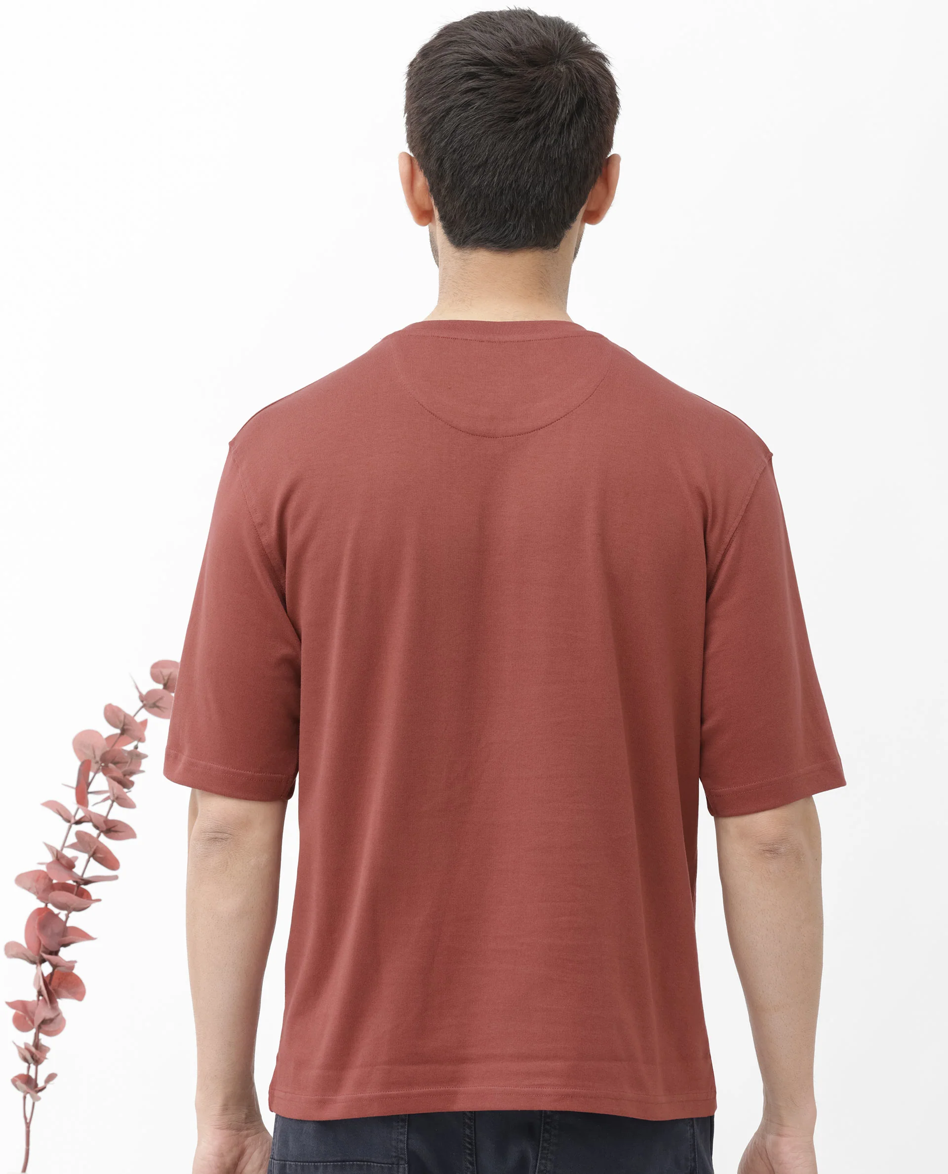 Rare Rabbit Men's Gallos Rust Cotton Plain Oversized Fit Half Sleeve Crew Neck T-Shirt - Image 6