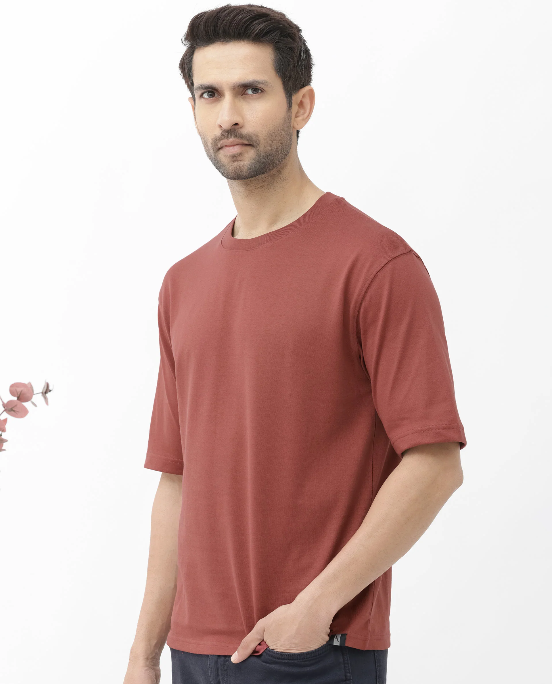 Rare Rabbit Men's Gallos Rust Cotton Plain Oversized Fit Half Sleeve Crew Neck T-Shirt - Image 7