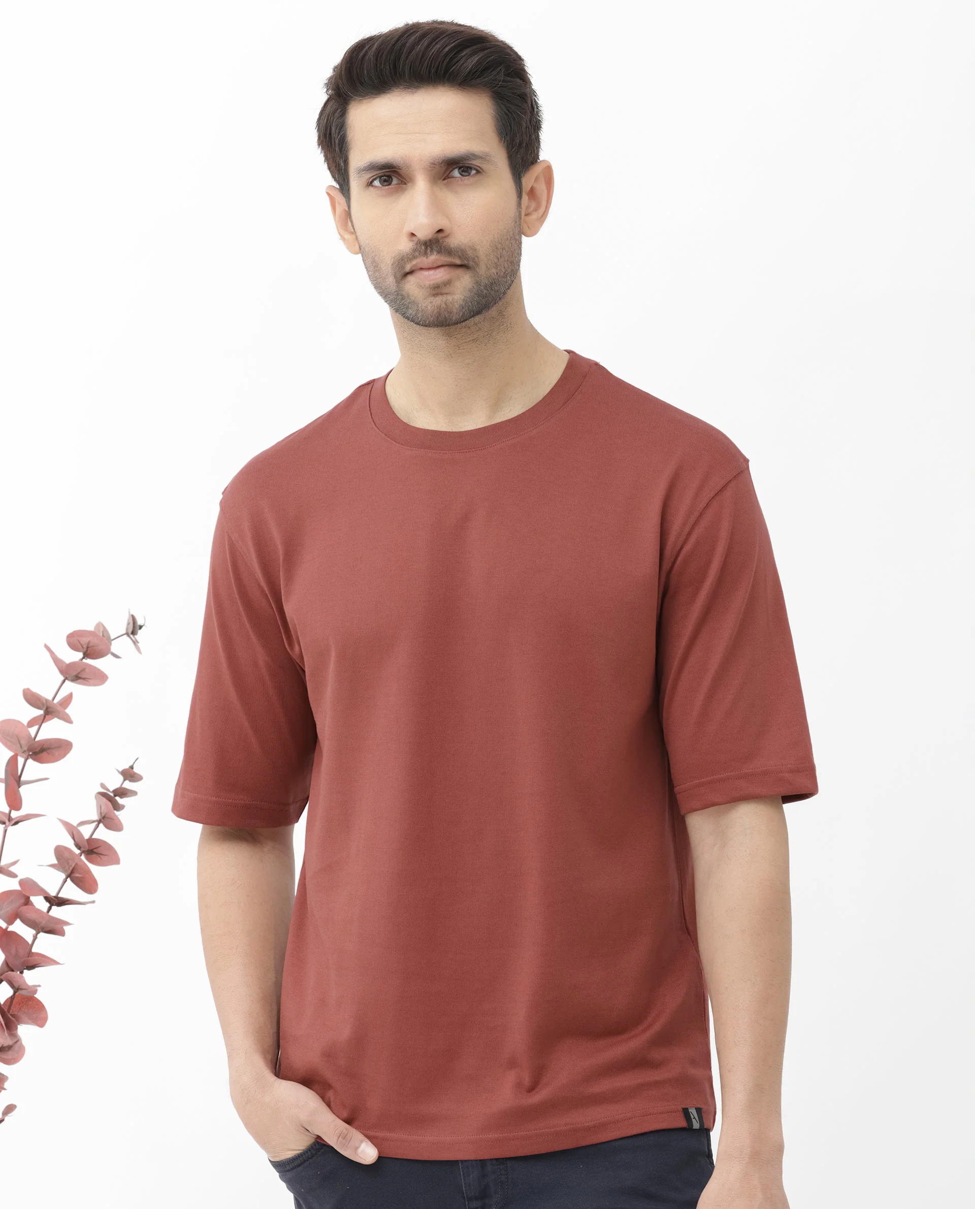 Rare Rabbit Men's Gallos Rust Cotton Plain Oversized Fit Half Sleeve Crew Neck T-Shirt - Image 8
