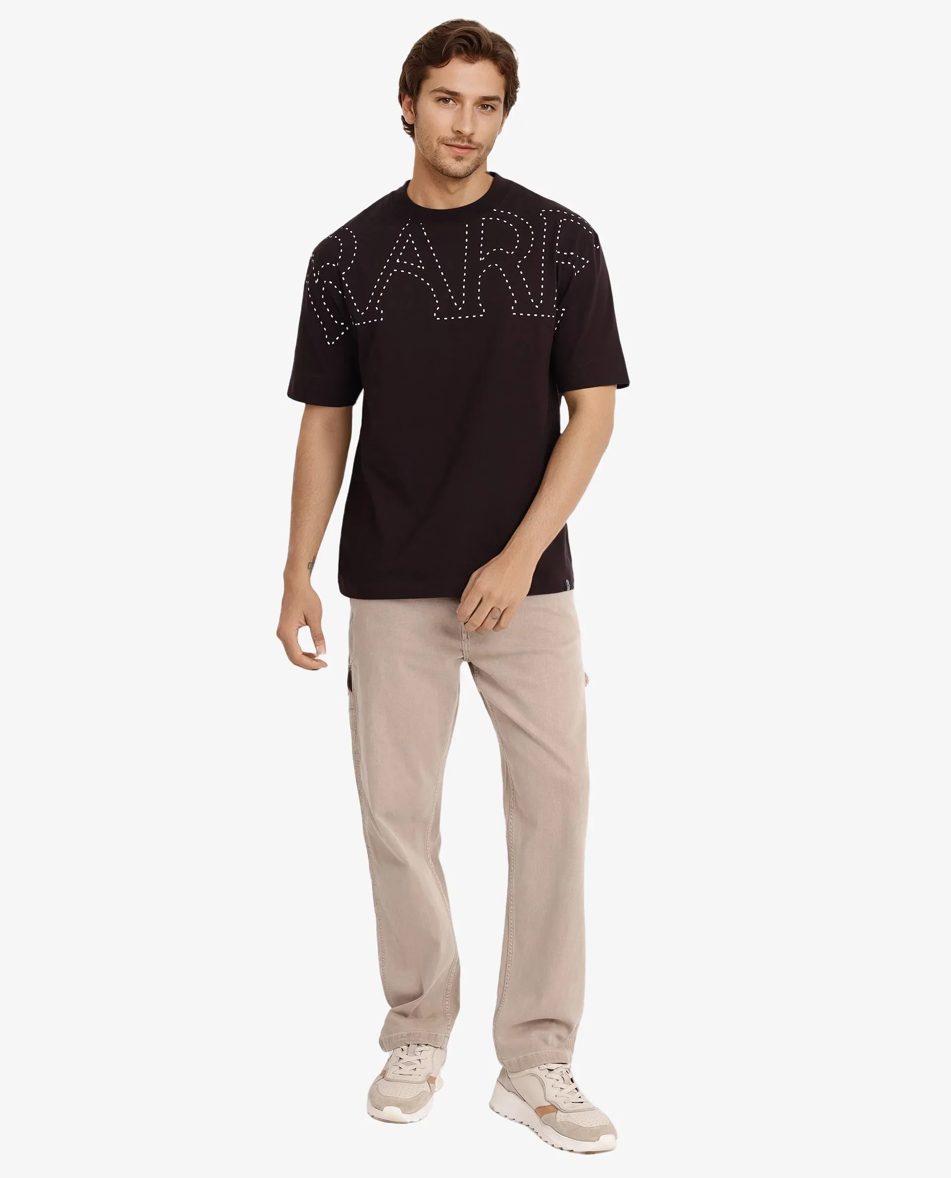 Rare Rabbit Men's Galloway Dark Brown Cotton Graphic Print Oversized Fit Half Sleeve Crew Neck T-Shirt - Image 2