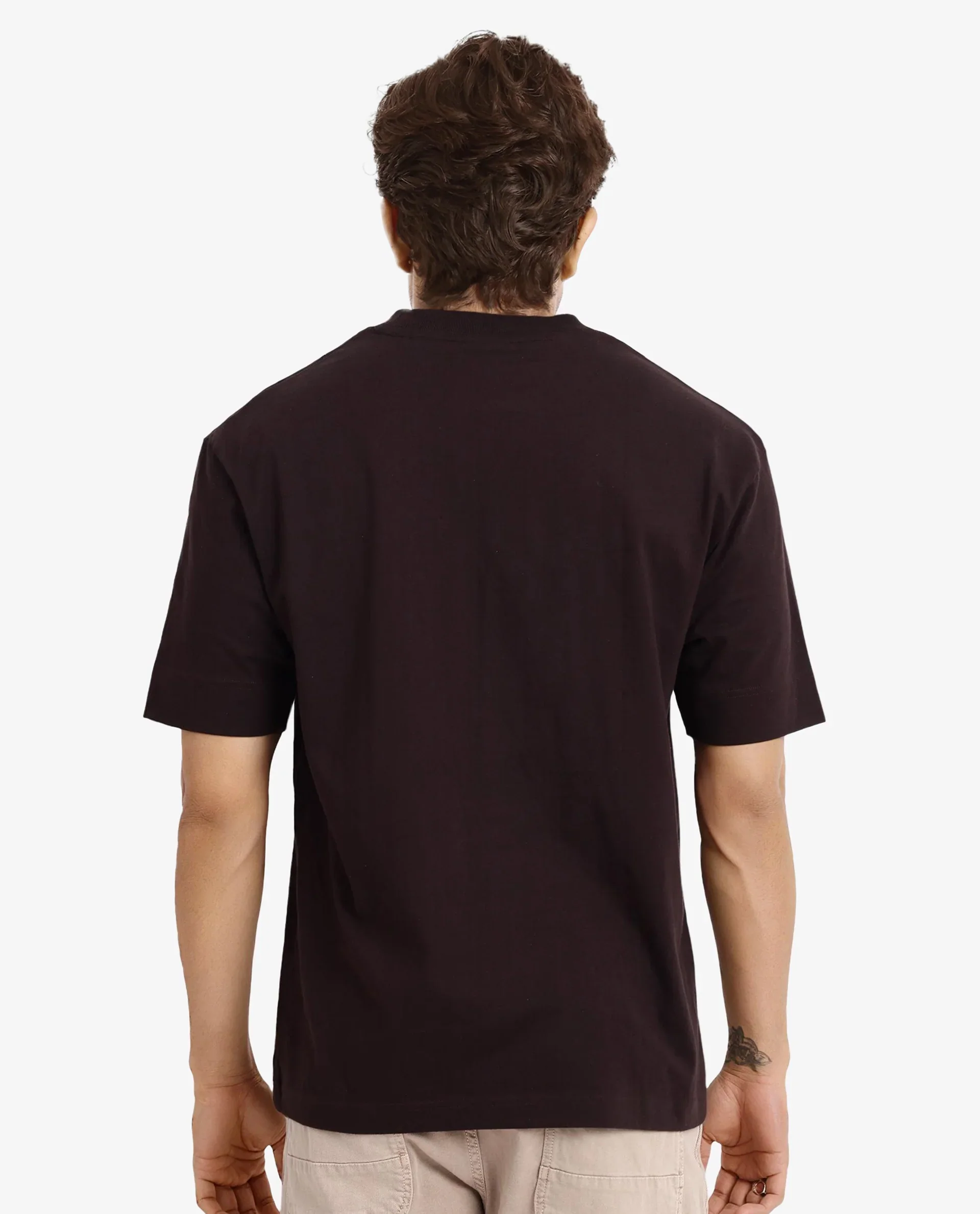 Rare Rabbit Men's Galloway Dark Brown Cotton Graphic Print Oversized Fit Half Sleeve Crew Neck T-Shirt - Image 4