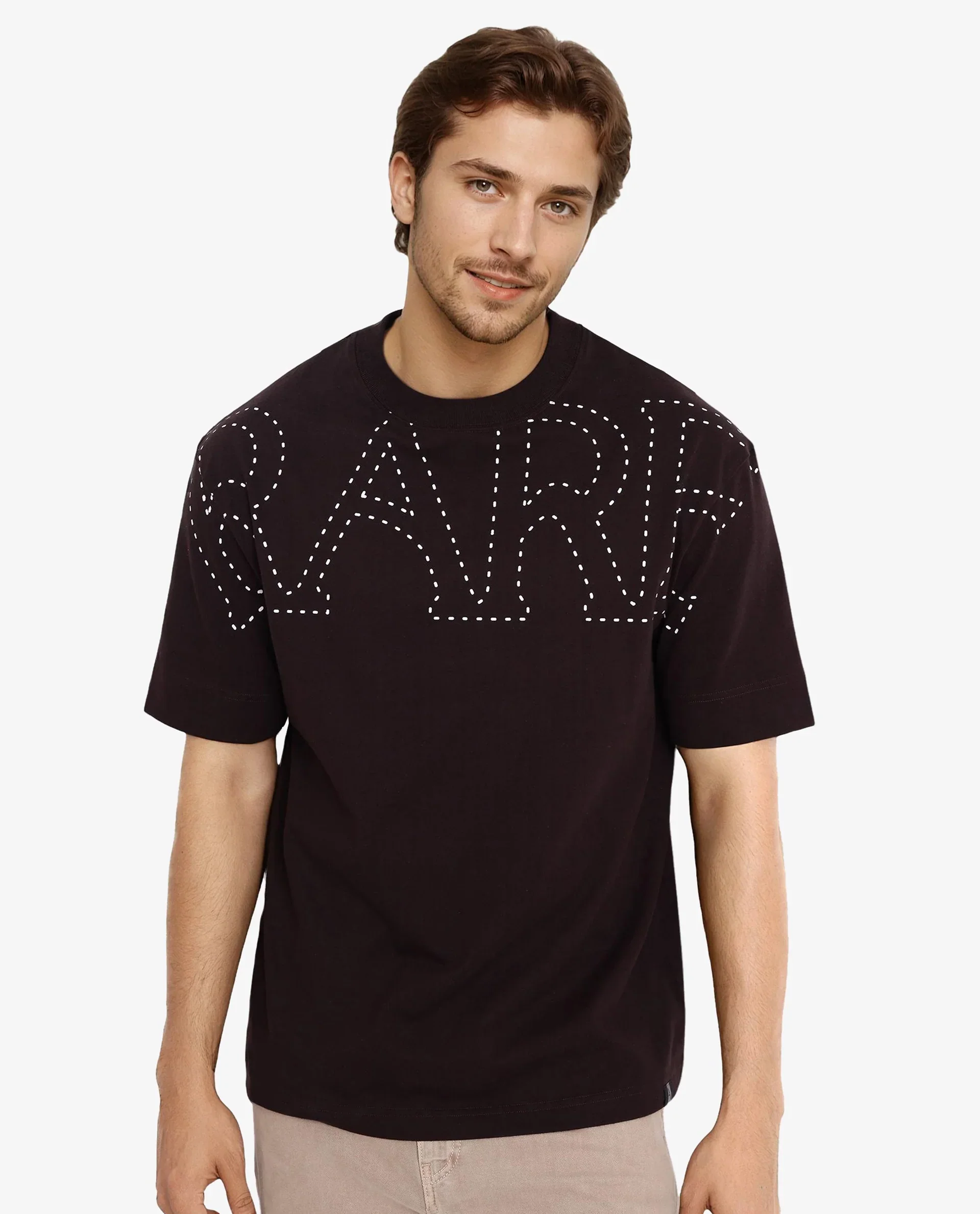 Rare Rabbit Men's Galloway Dark Brown Cotton Graphic Print Oversized Fit Half Sleeve Crew Neck T-Shirt - Image 5
