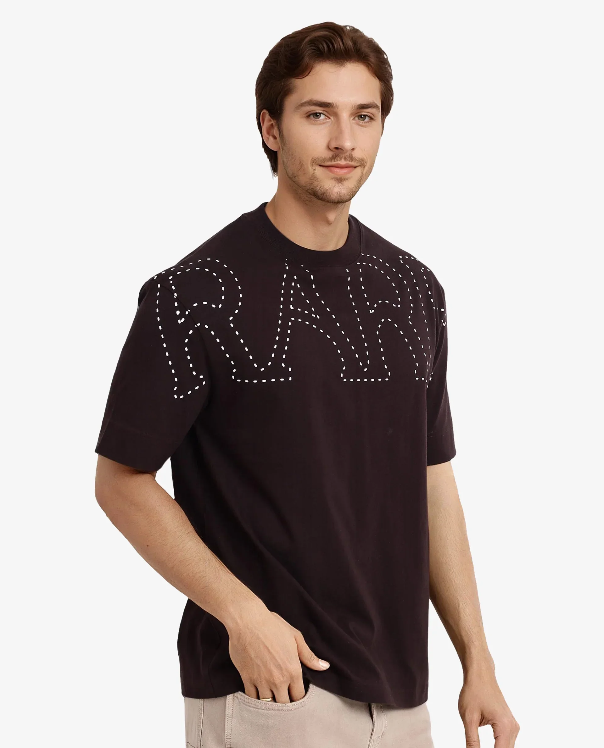 Rare Rabbit Men's Galloway Dark Brown Cotton Graphic Print Oversized Fit Half Sleeve Crew Neck T-Shirt - Image 6