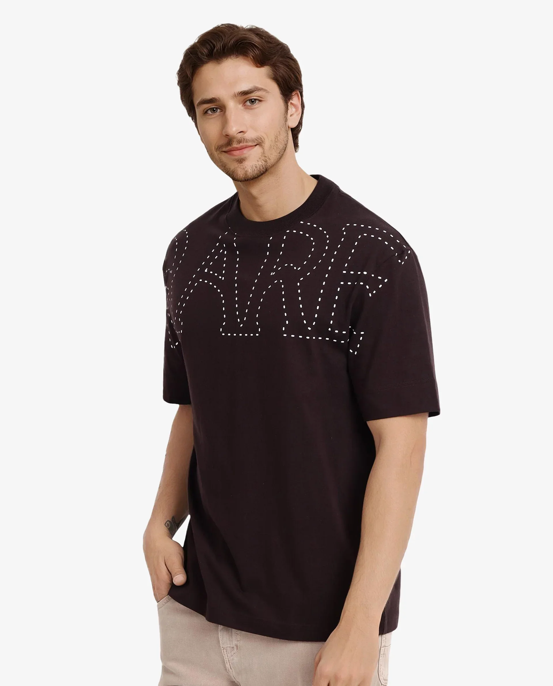 Rare Rabbit Men's Galloway Dark Brown Cotton Graphic Print Oversized Fit Half Sleeve Crew Neck T-Shirt - Image 7
