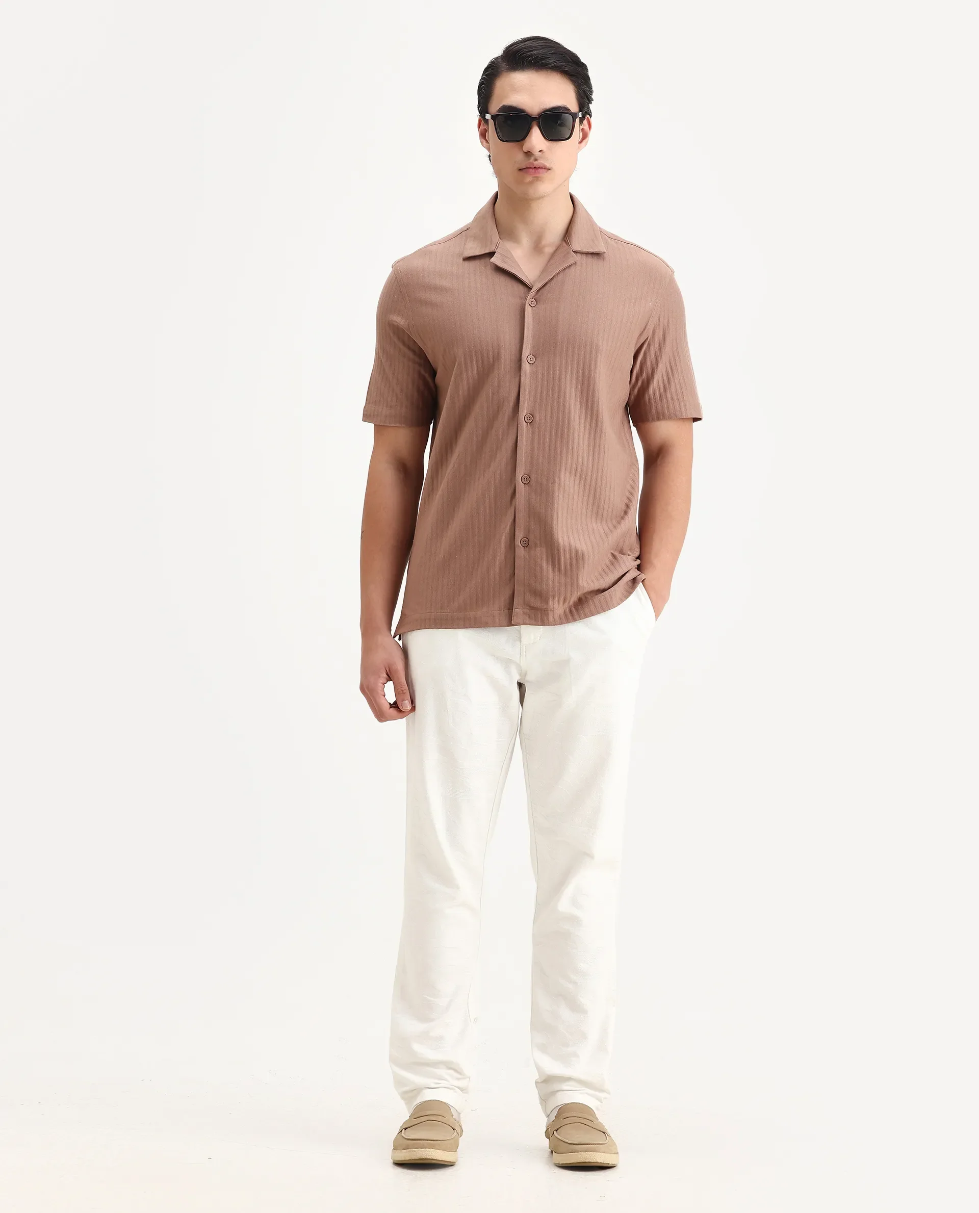 Rare Rabbit Men's Galo Dusky Brown Cotton Plain Relaxed Fit Half Sleeve Cuban Collar Shirt - Image 2