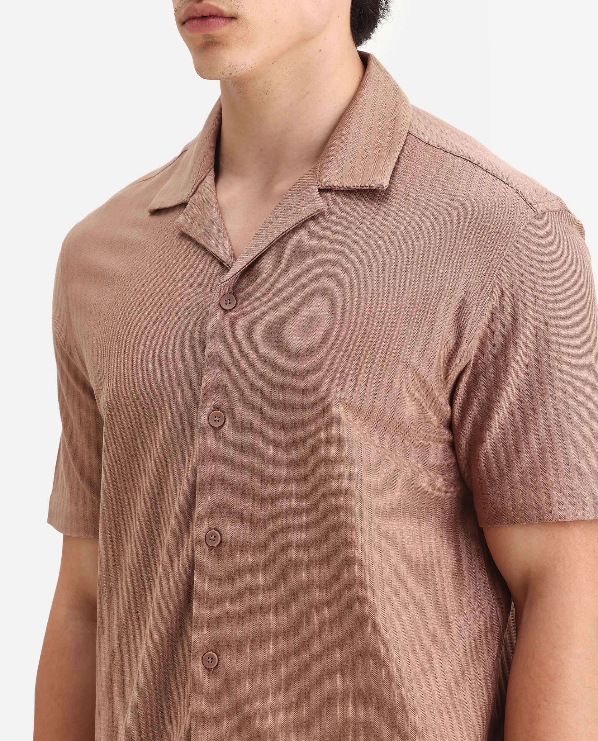 Rare Rabbit Men's Galo Dusky Brown Cotton Plain Relaxed Fit Half Sleeve Cuban Collar Shirt - Image 3