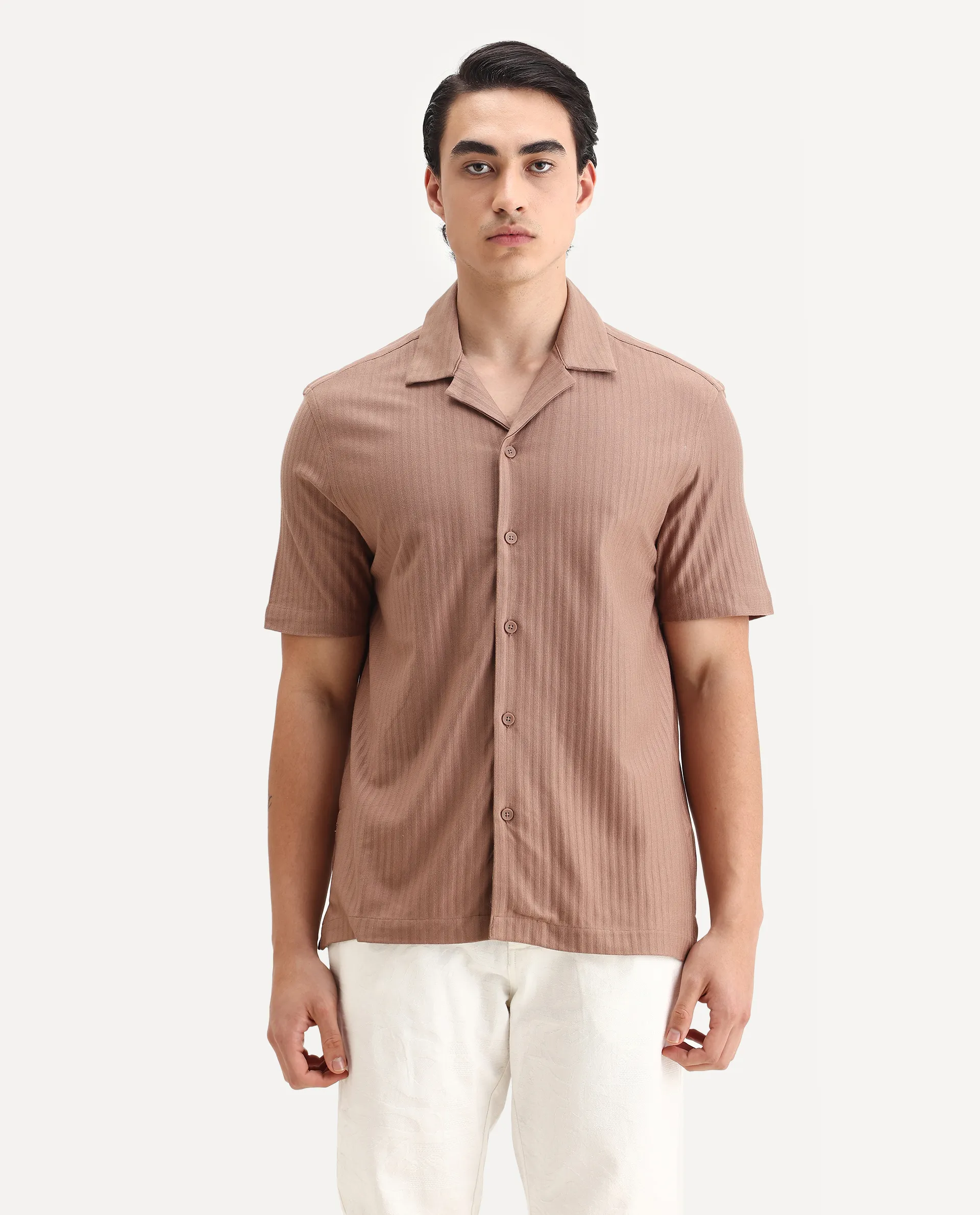 Rare Rabbit Men's Galo Dusky Brown Cotton Plain Relaxed Fit Half Sleeve Cuban Collar Shirt - Image 4