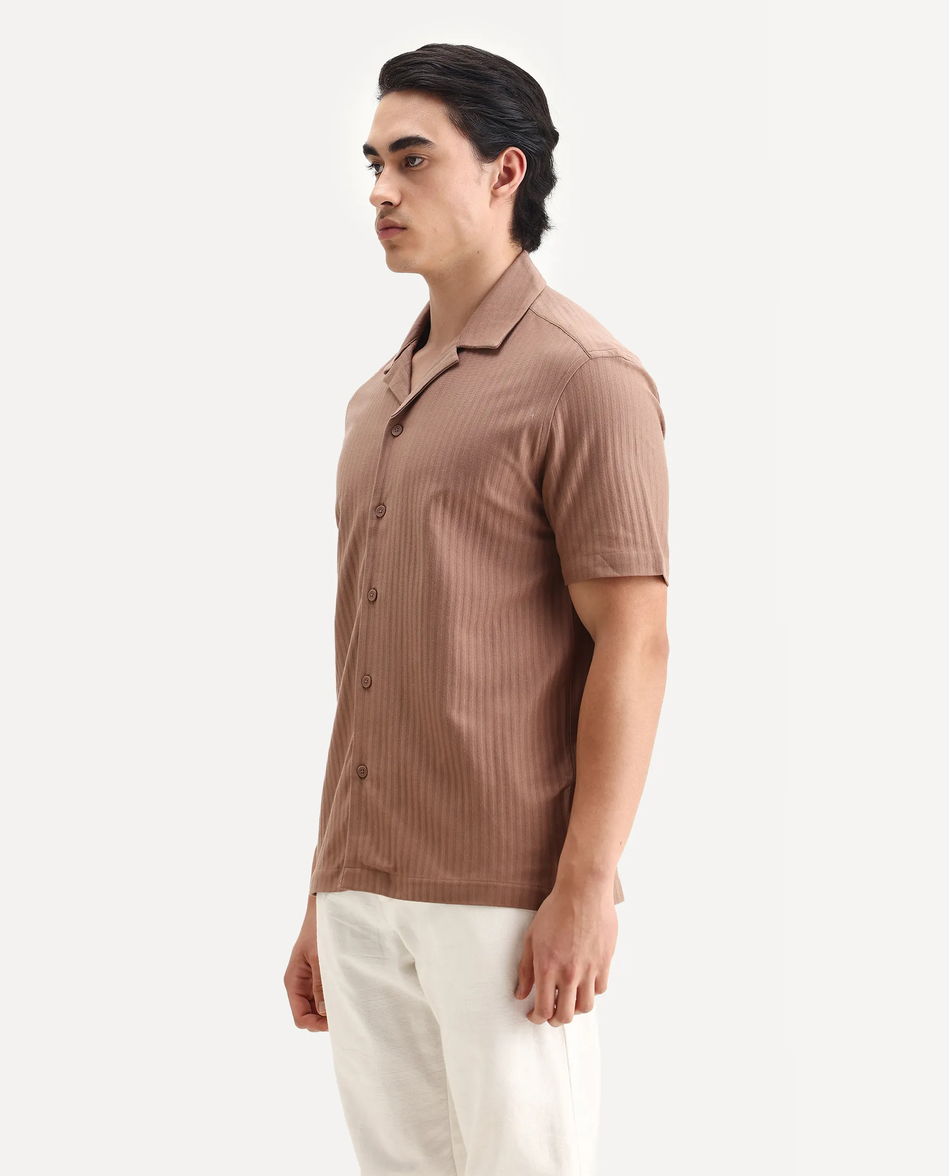 Rare Rabbit Men's Galo Dusky Brown Cotton Plain Relaxed Fit Half Sleeve Cuban Collar Shirt - Image 5