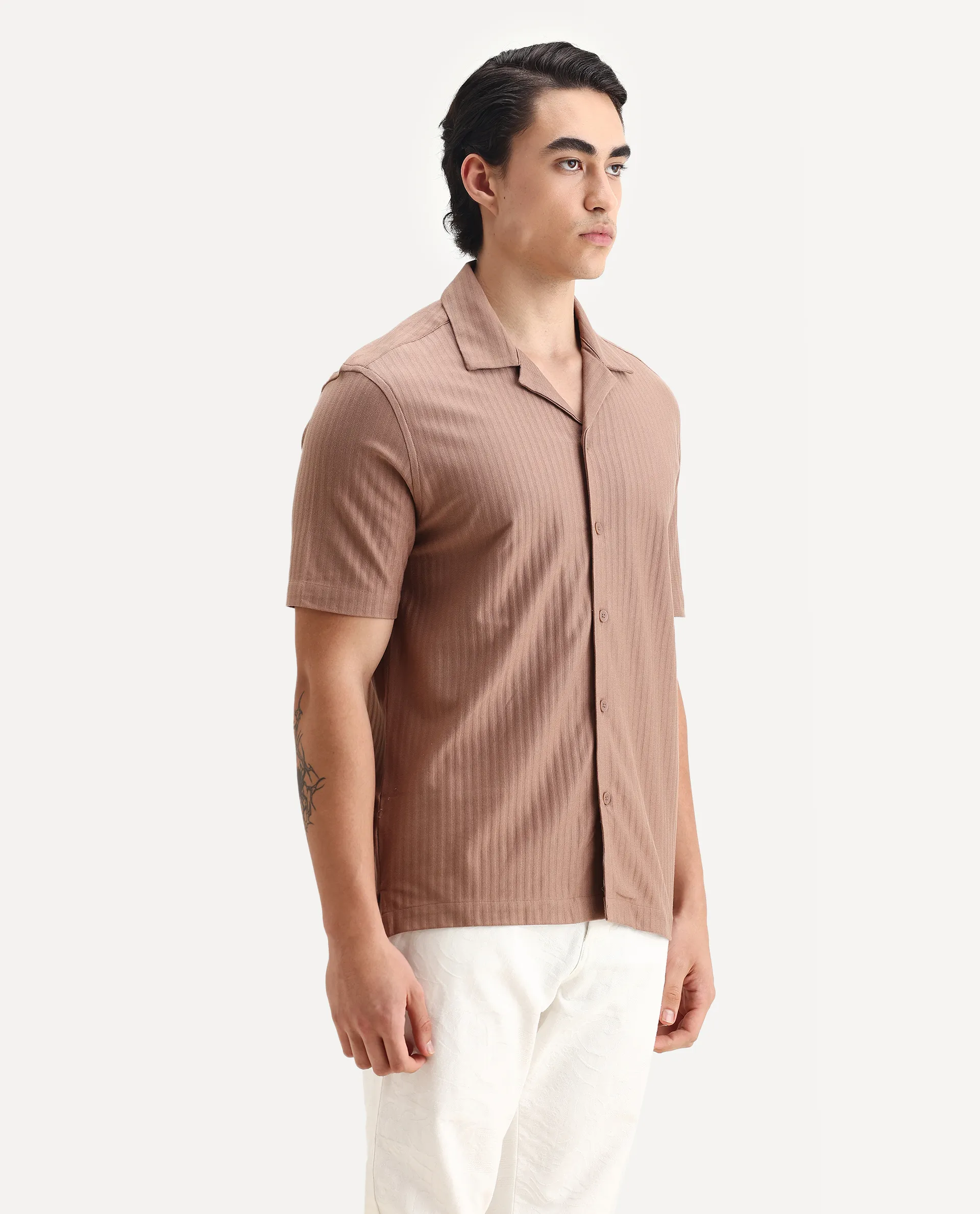 Rare Rabbit Men's Galo Dusky Brown Cotton Plain Relaxed Fit Half Sleeve Cuban Collar Shirt - Image 6