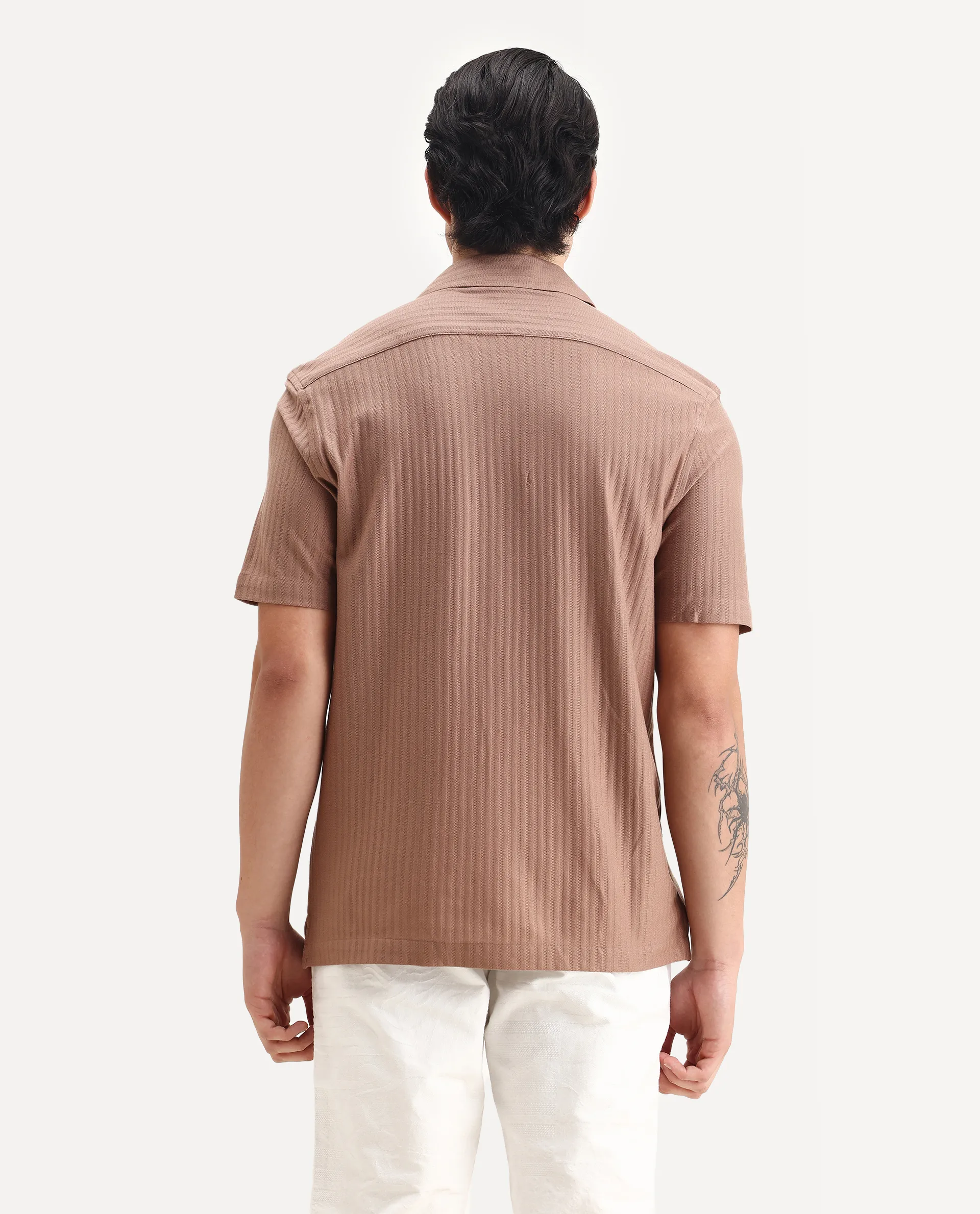 Rare Rabbit Men's Galo Dusky Brown Cotton Plain Relaxed Fit Half Sleeve Cuban Collar Shirt - Image 7