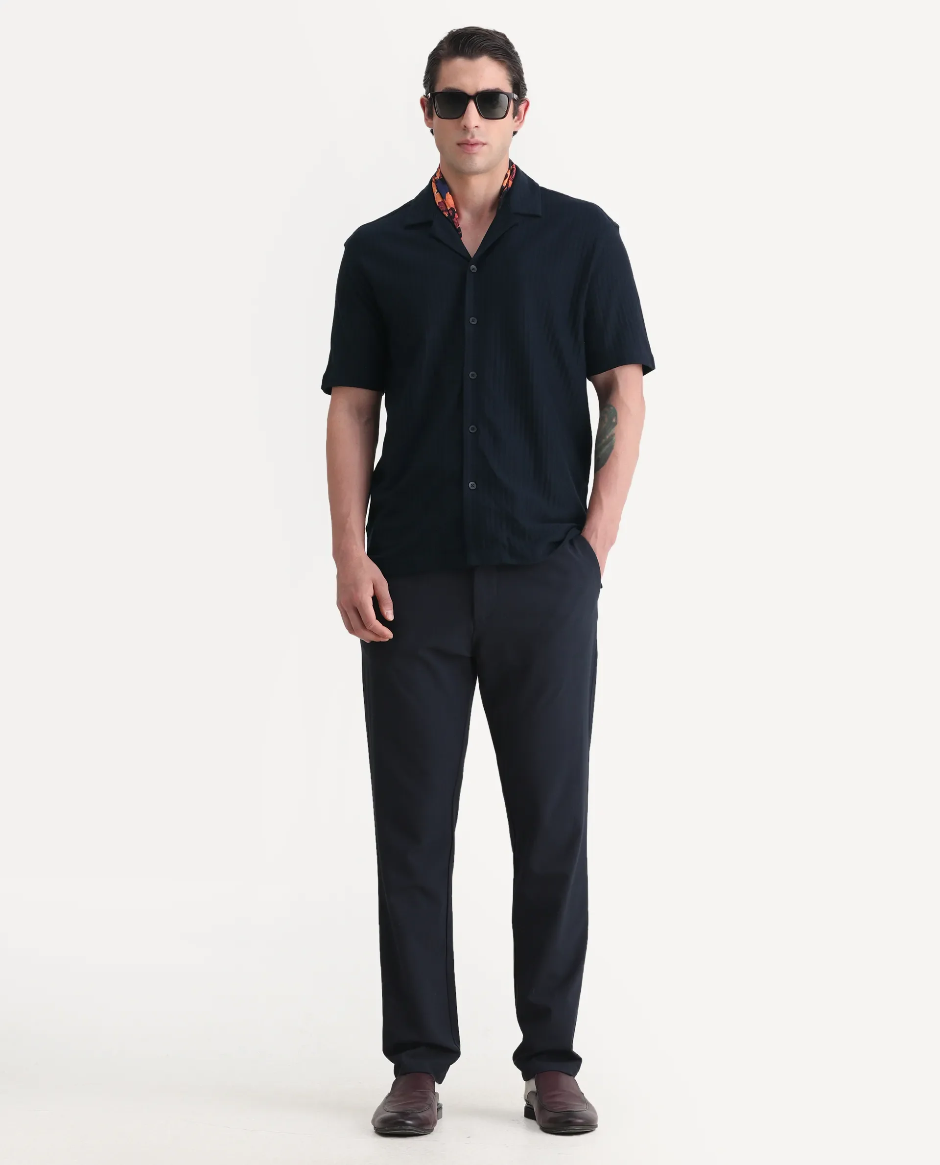 Rare Rabbit Men's Galo Navy Cotton Plain Relaxed Fit Half Sleeve Cuban Collar Shirt - Image 2