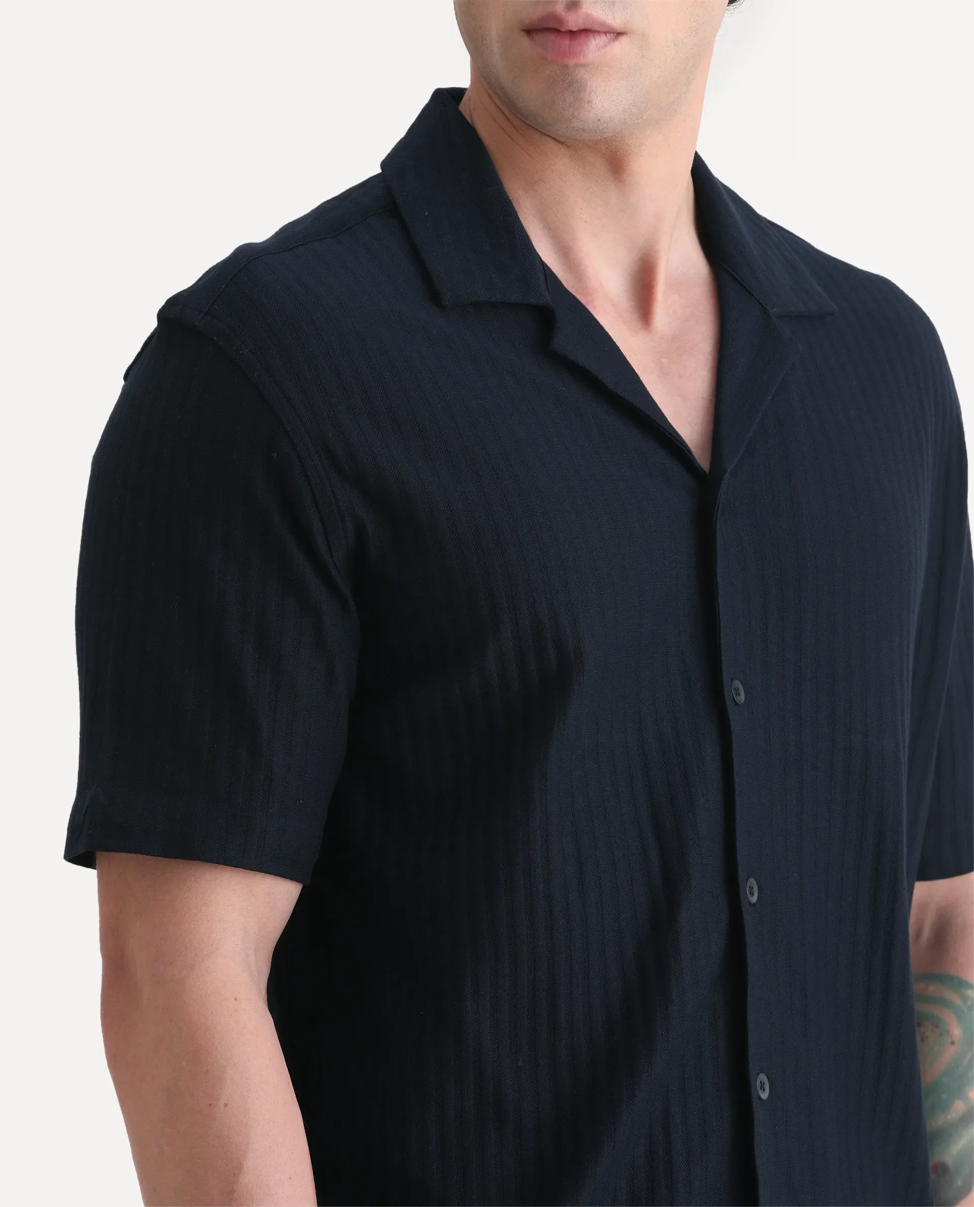 Rare Rabbit Men's Galo Navy Cotton Plain Relaxed Fit Half Sleeve Cuban Collar Shirt - Image 3