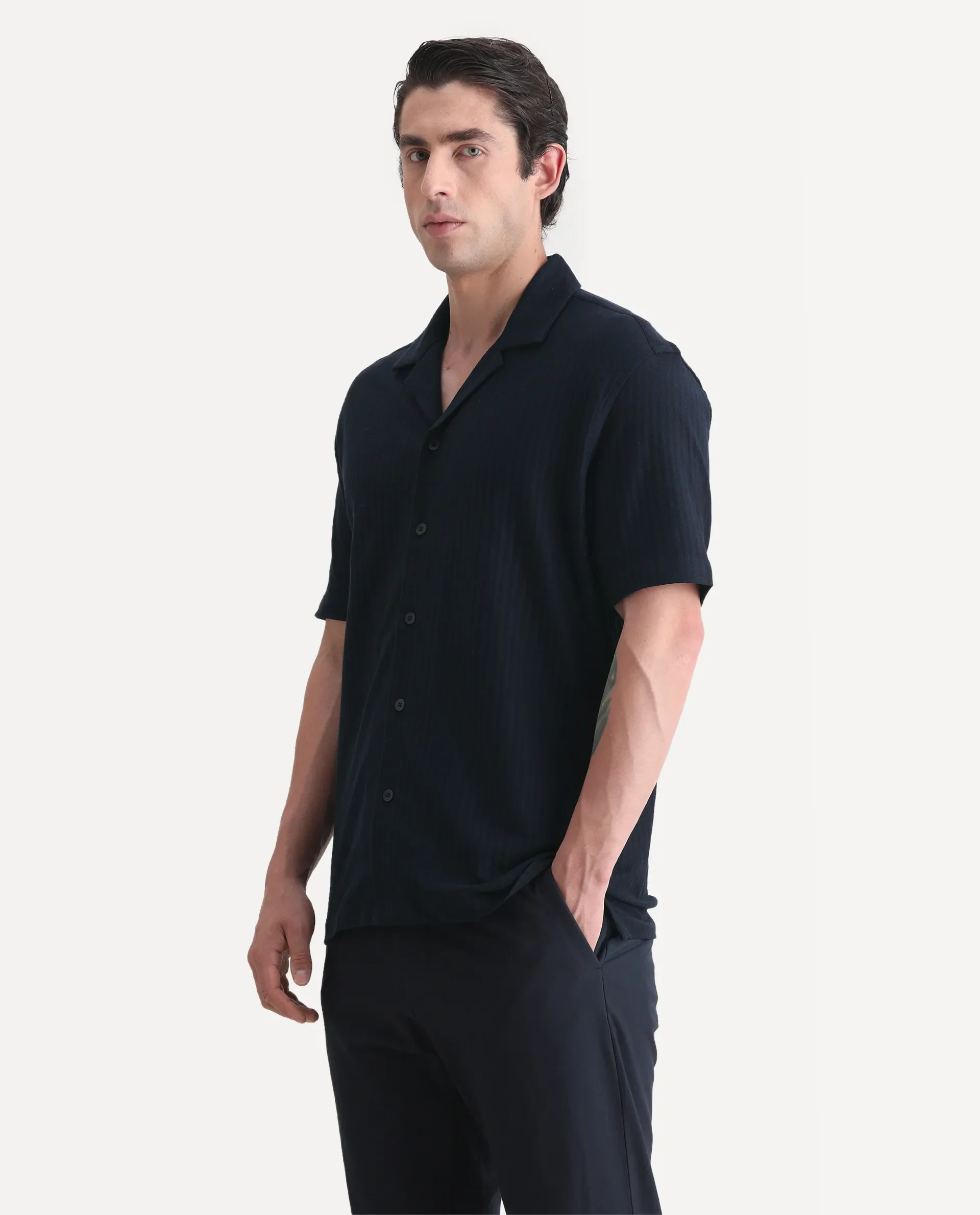 Rare Rabbit Men's Galo Navy Cotton Plain Relaxed Fit Half Sleeve Cuban Collar Shirt - Image 4