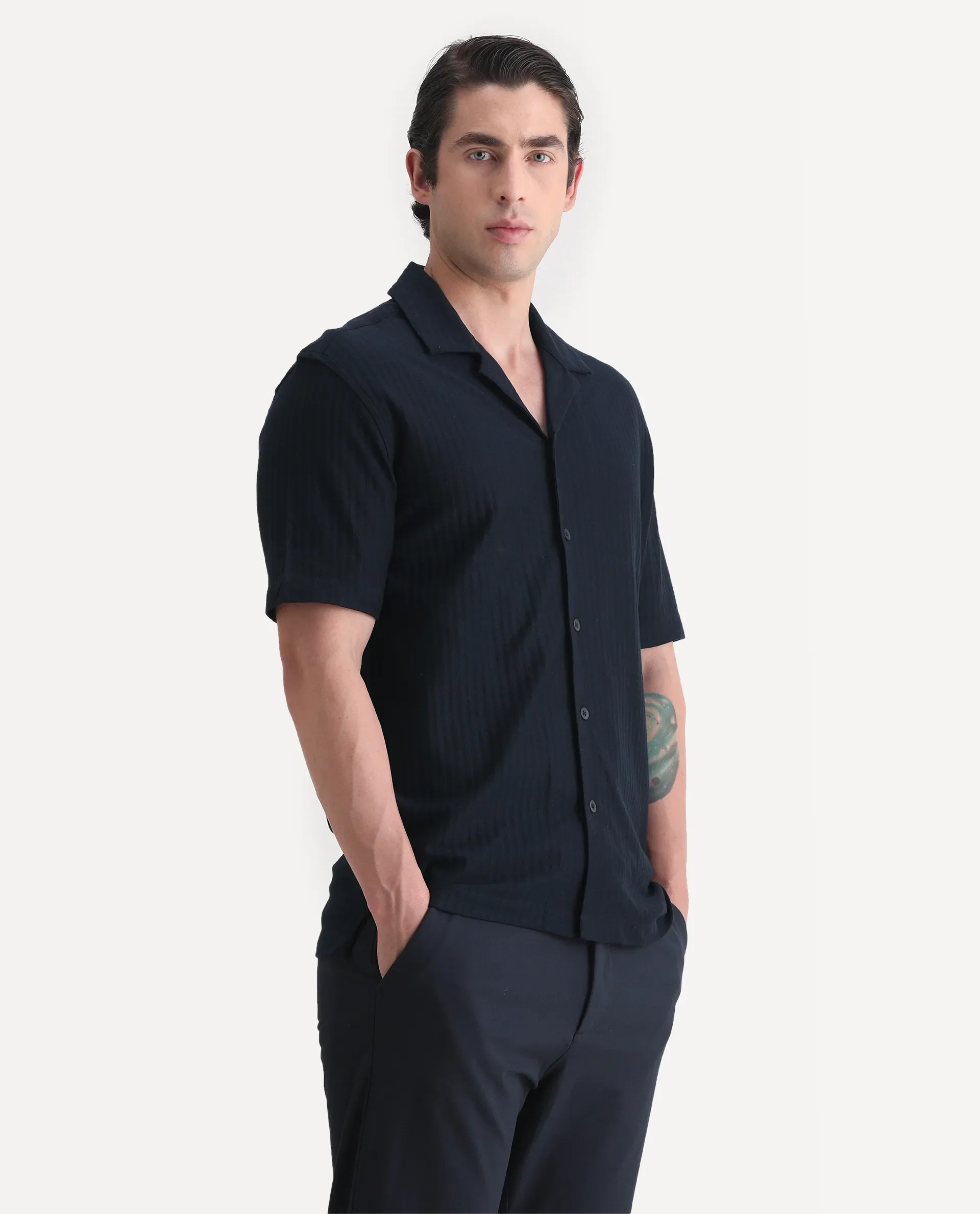 Rare Rabbit Men's Galo Navy Cotton Plain Relaxed Fit Half Sleeve Cuban Collar Shirt - Image 5