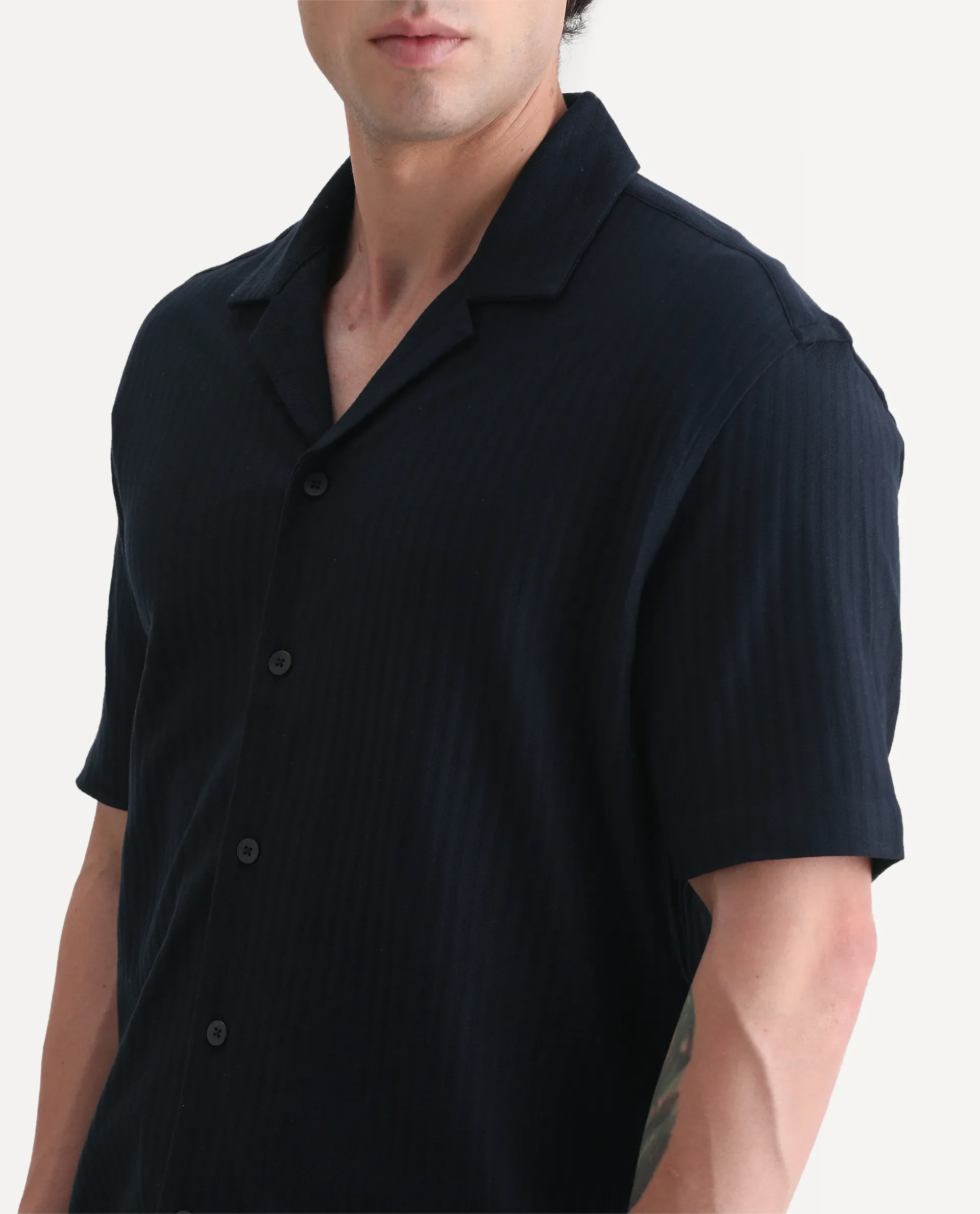Rare Rabbit Men's Galo Navy Cotton Plain Relaxed Fit Half Sleeve Cuban Collar Shirt - Image 6