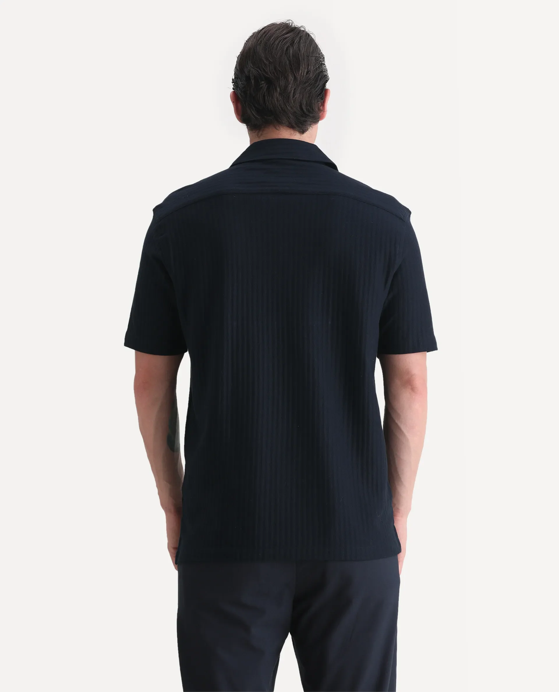 Rare Rabbit Men's Galo Navy Cotton Plain Relaxed Fit Half Sleeve Cuban Collar Shirt - Image 7