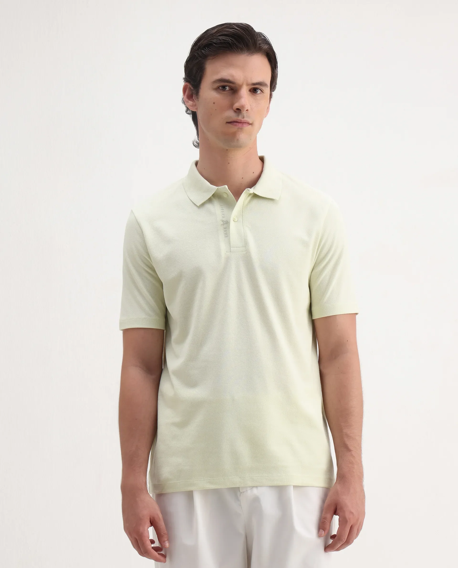 Rare Rabbit Men's Gamer Pastel Yellow Cotton Blend Plain Regular Fit Half Sleeve Polo - Image 3