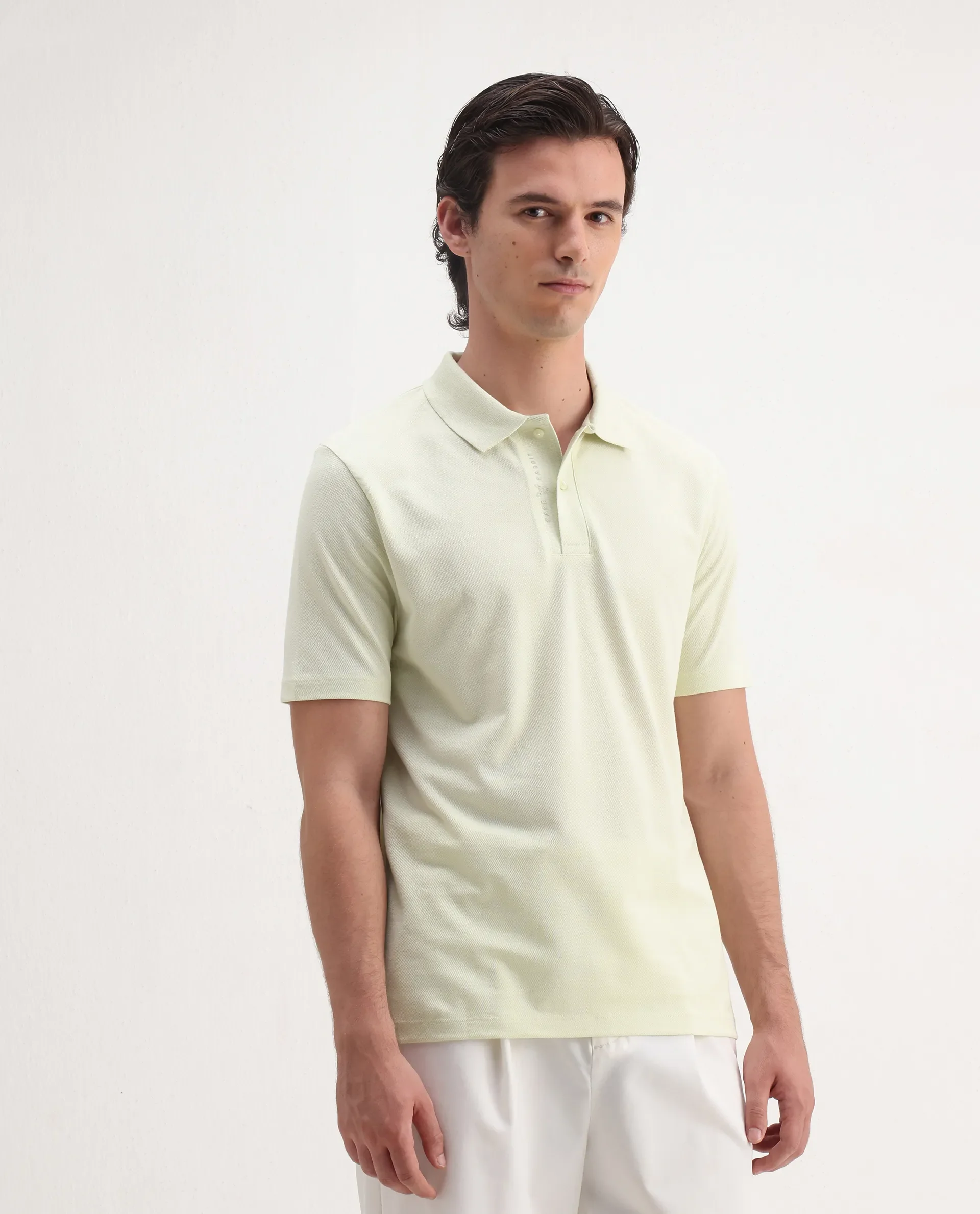 Rare Rabbit Men's Gamer Pastel Yellow Cotton Blend Plain Regular Fit Half Sleeve Polo - Image 6
