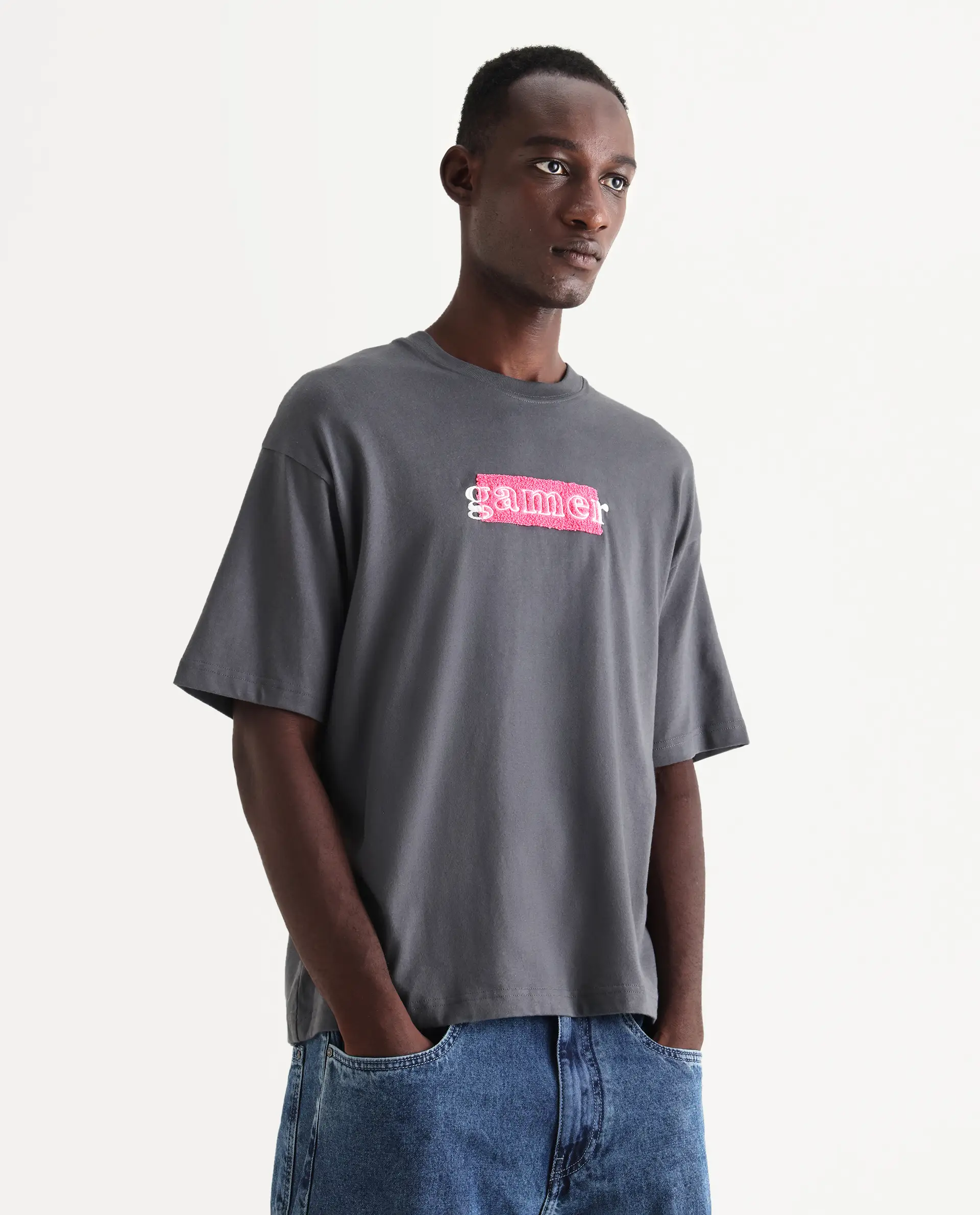 Rare Rabbit Men's Gamo Dark Grey Cotton Embroidered Oversized Fit Half Sleeve Crew Neck T-Shirt - Image 5