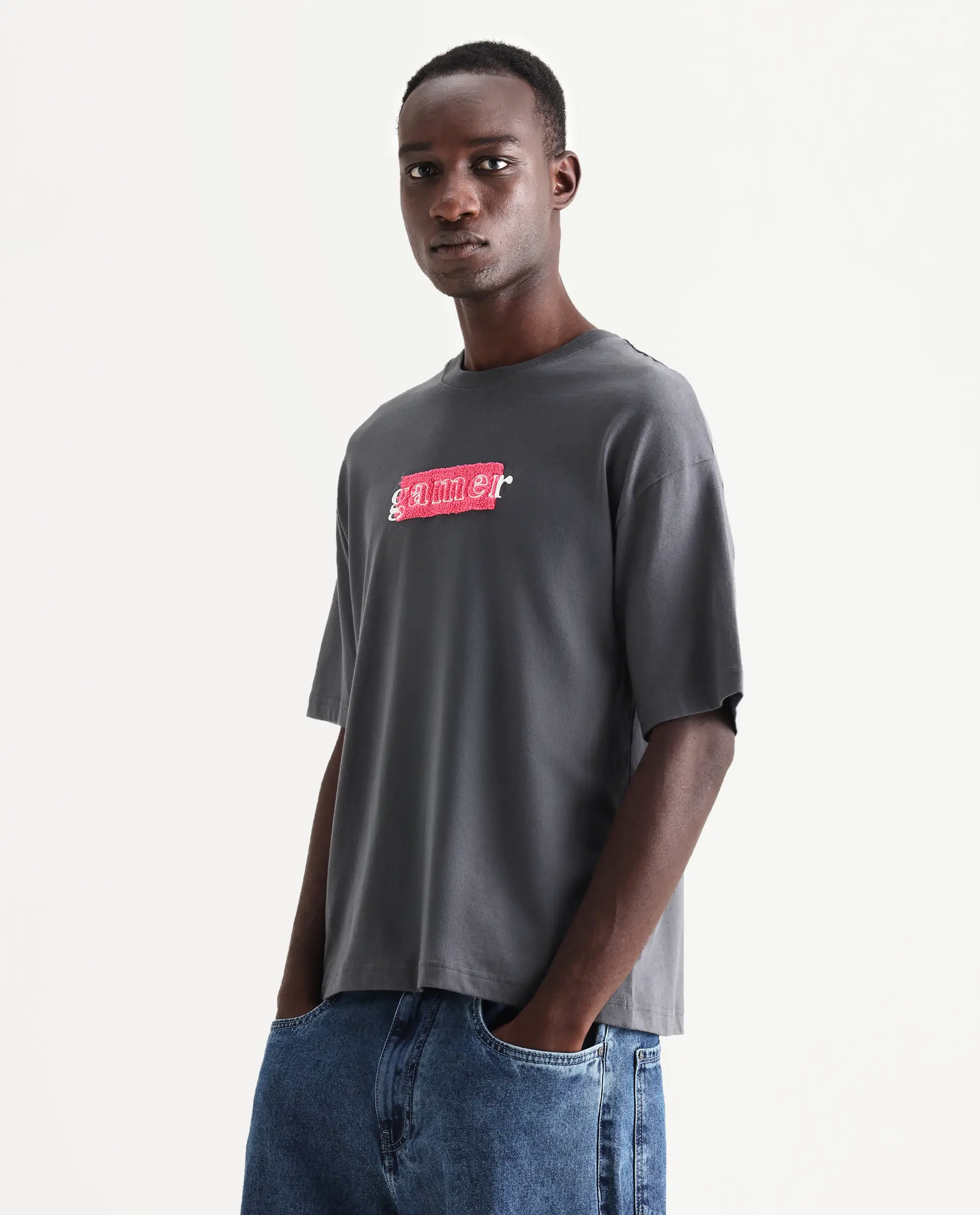 Rare Rabbit Men's Gamo Dark Grey Cotton Embroidered Oversized Fit Half Sleeve Crew Neck T-Shirt - Image 6