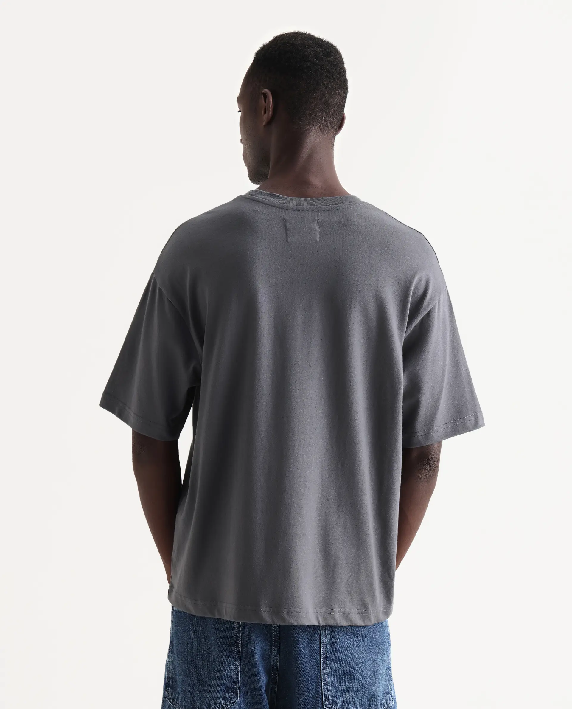Rare Rabbit Men's Gamo Dark Grey Cotton Embroidered Oversized Fit Half Sleeve Crew Neck T-Shirt - Image 7
