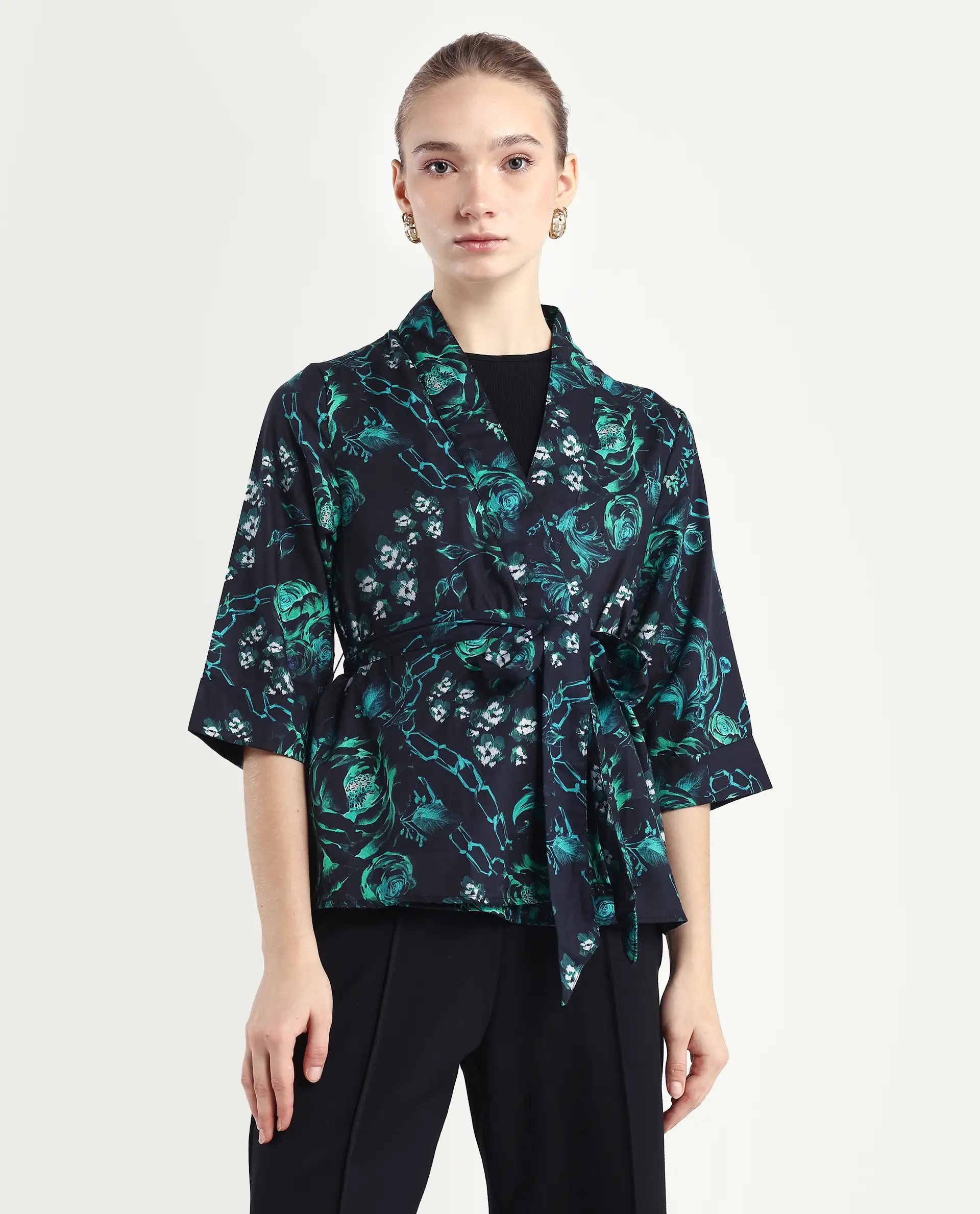 Rareism Women's Gamo Black Cotton Blend Overlap Neck Floral Print Regular Fit Top - Image 3